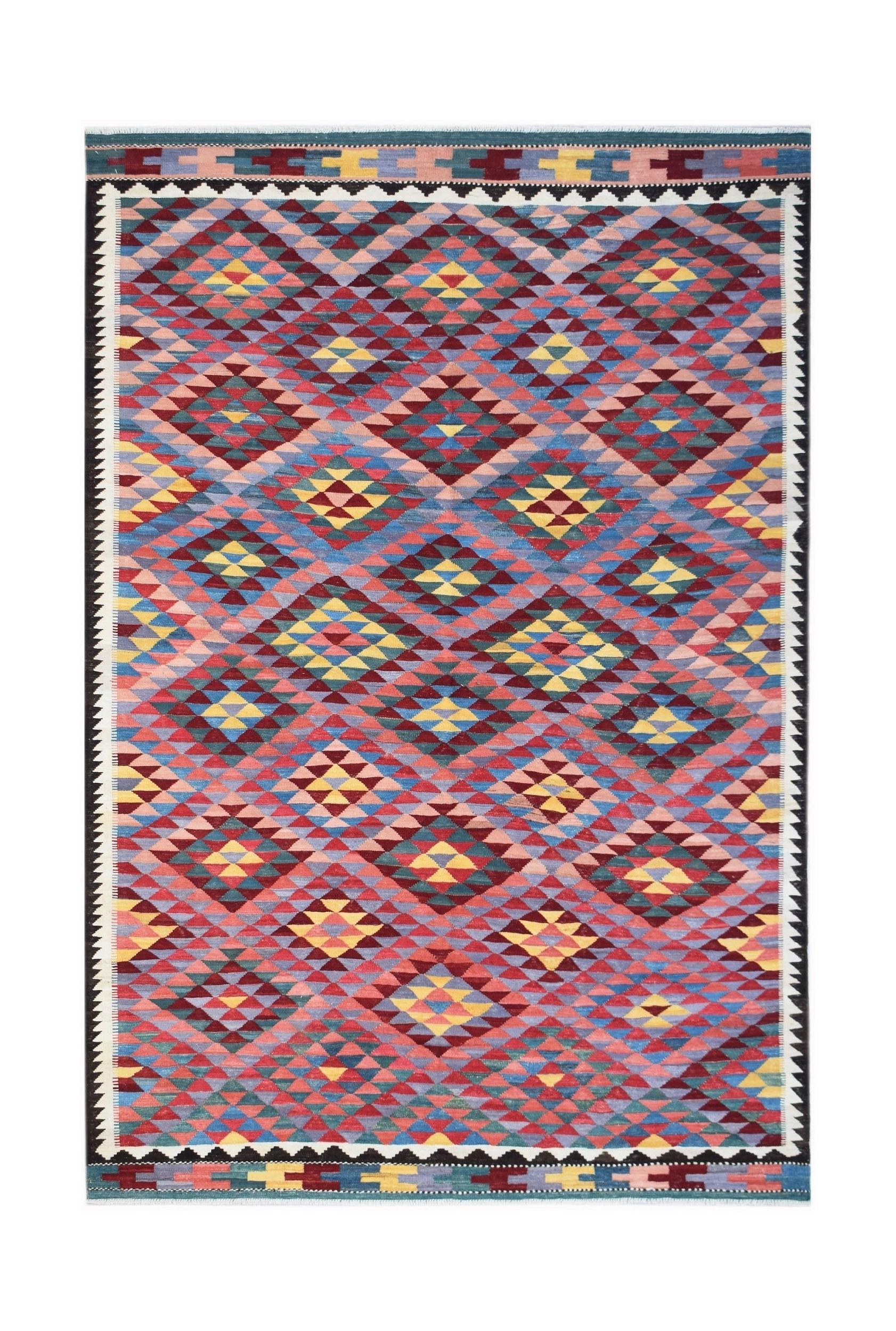 Handwoven Afghan Maimana kilim rug featuring a colorful geometric diamond pattern.