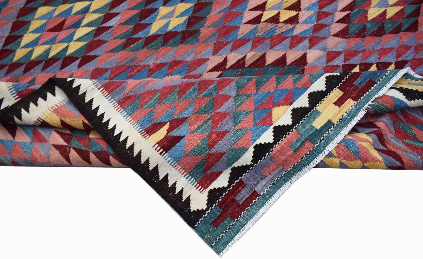 Handwoven Afghan Maimana kilim featuring a colorful geometric diamond pattern in wool.