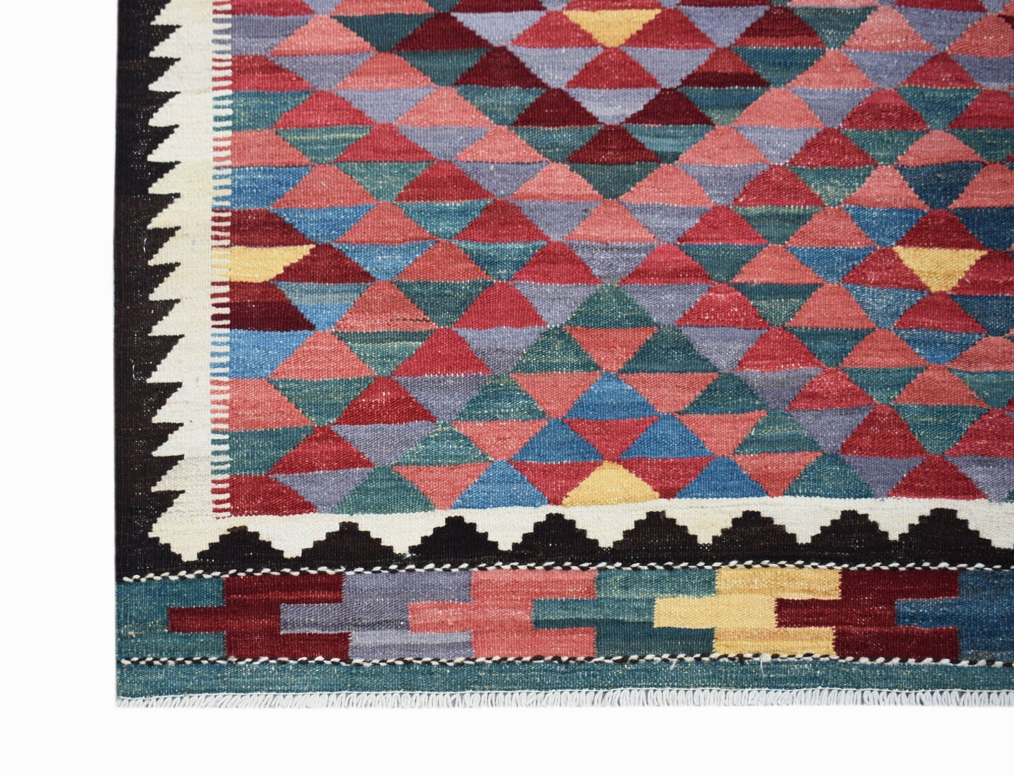 Handmade Afghan Maimana kilim featuring a geometric diamond pattern in vibrant multicolored wool.