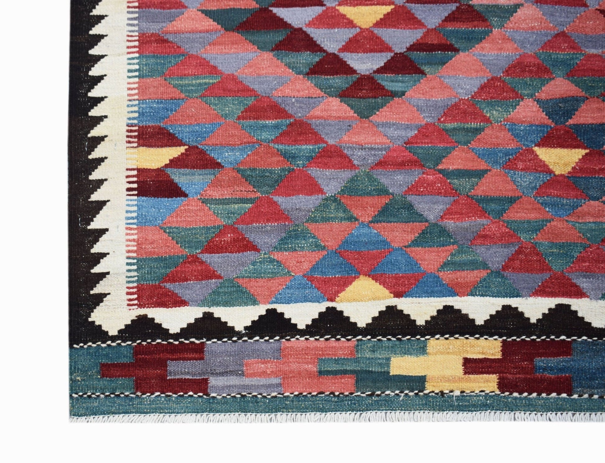 Handmade Afghan Maimana kilim featuring a geometric diamond pattern in vibrant multicolored wool.