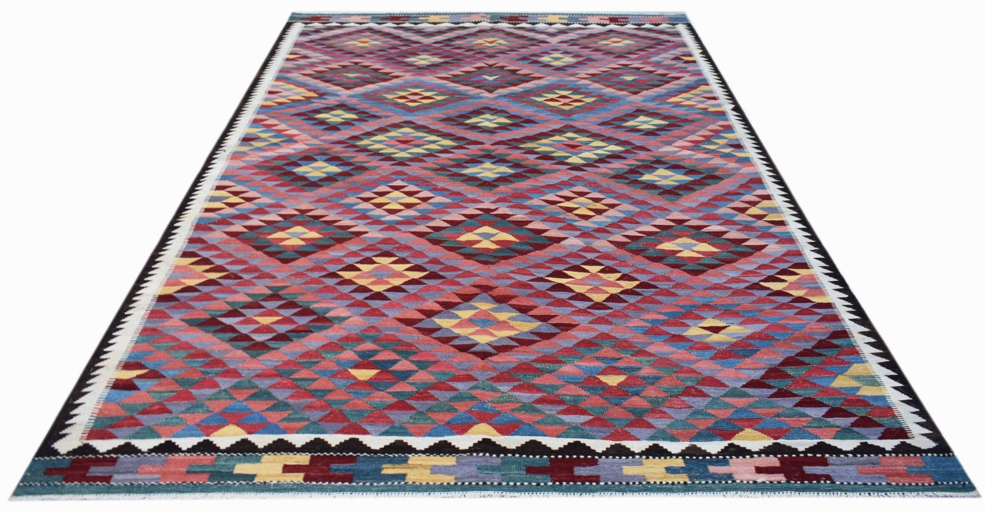 Handwoven Afghan Maimana kilim rug featuring a colorful geometric diamond pattern.
