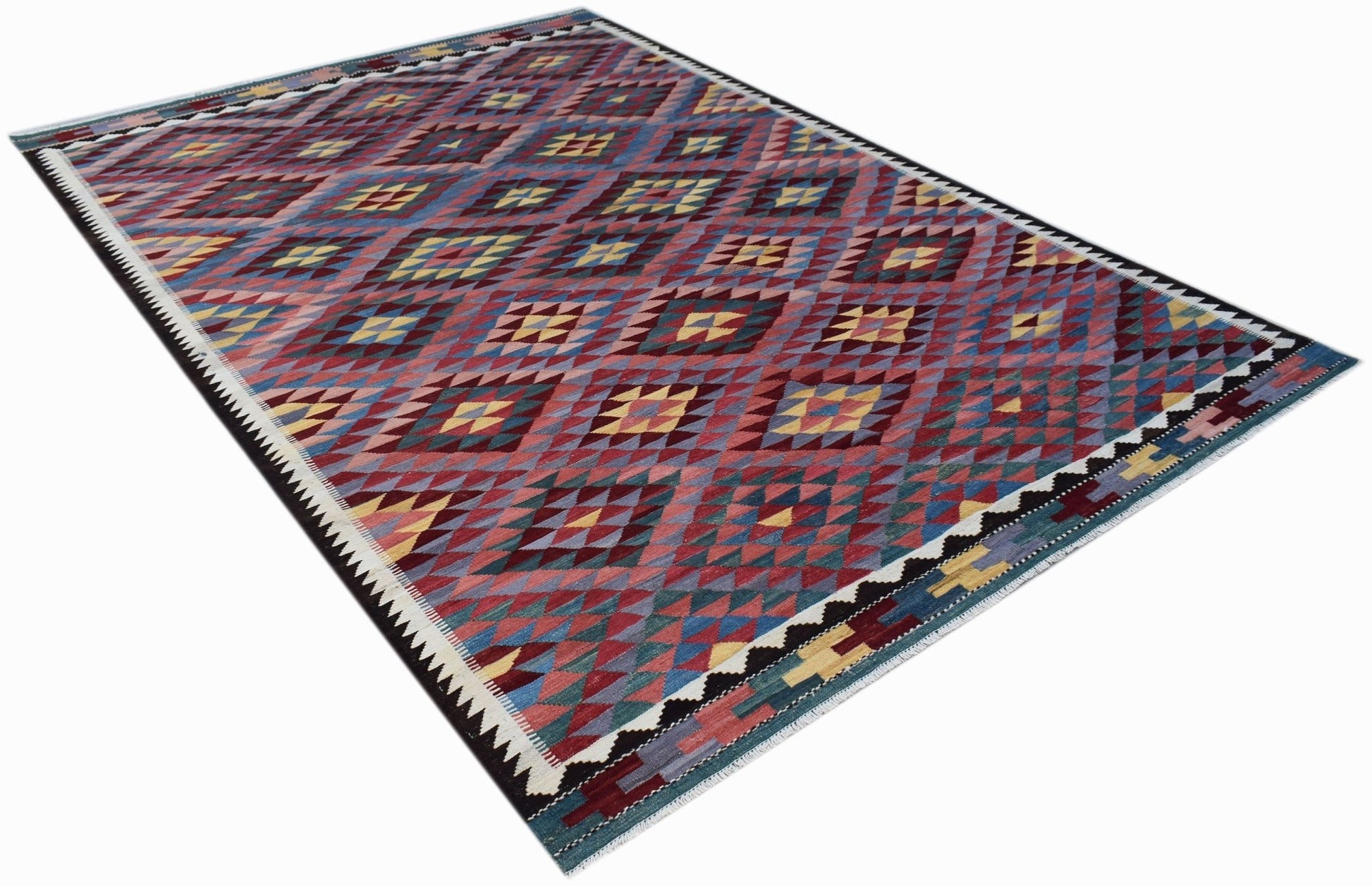 A rectangular handmade Afghan Maimana kilim rug featuring a geometric diamond pattern in wool.