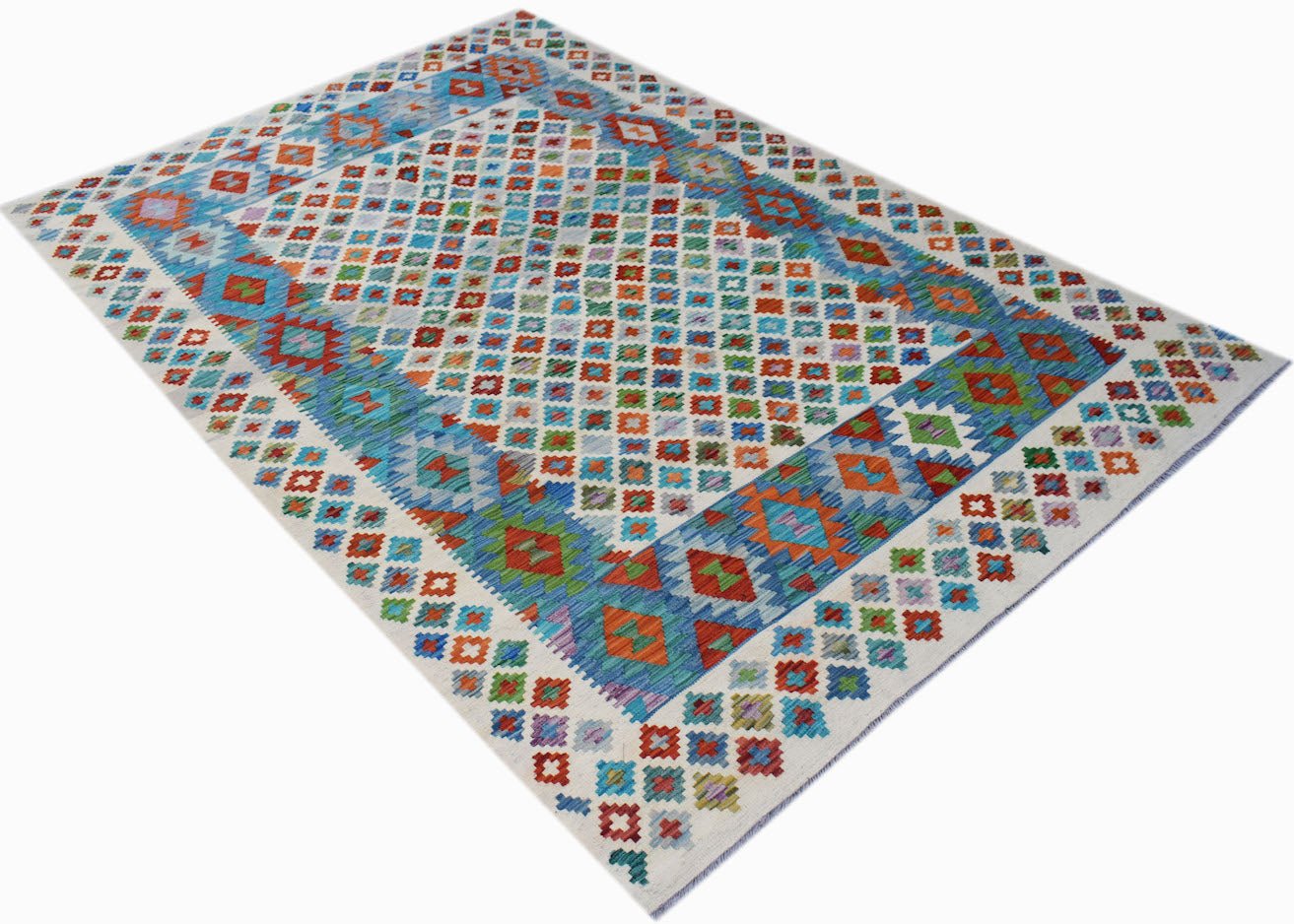 Afghan Maimana Kilim with geometric diamond patterns in blue, orange, and green.
