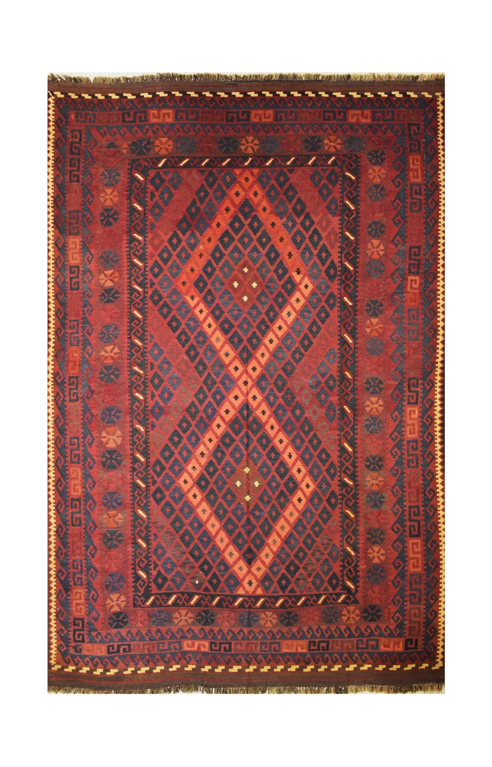 Handmade Afghan Maimana kilim rug featuring a geometric diamond pattern in red and blue tones.
