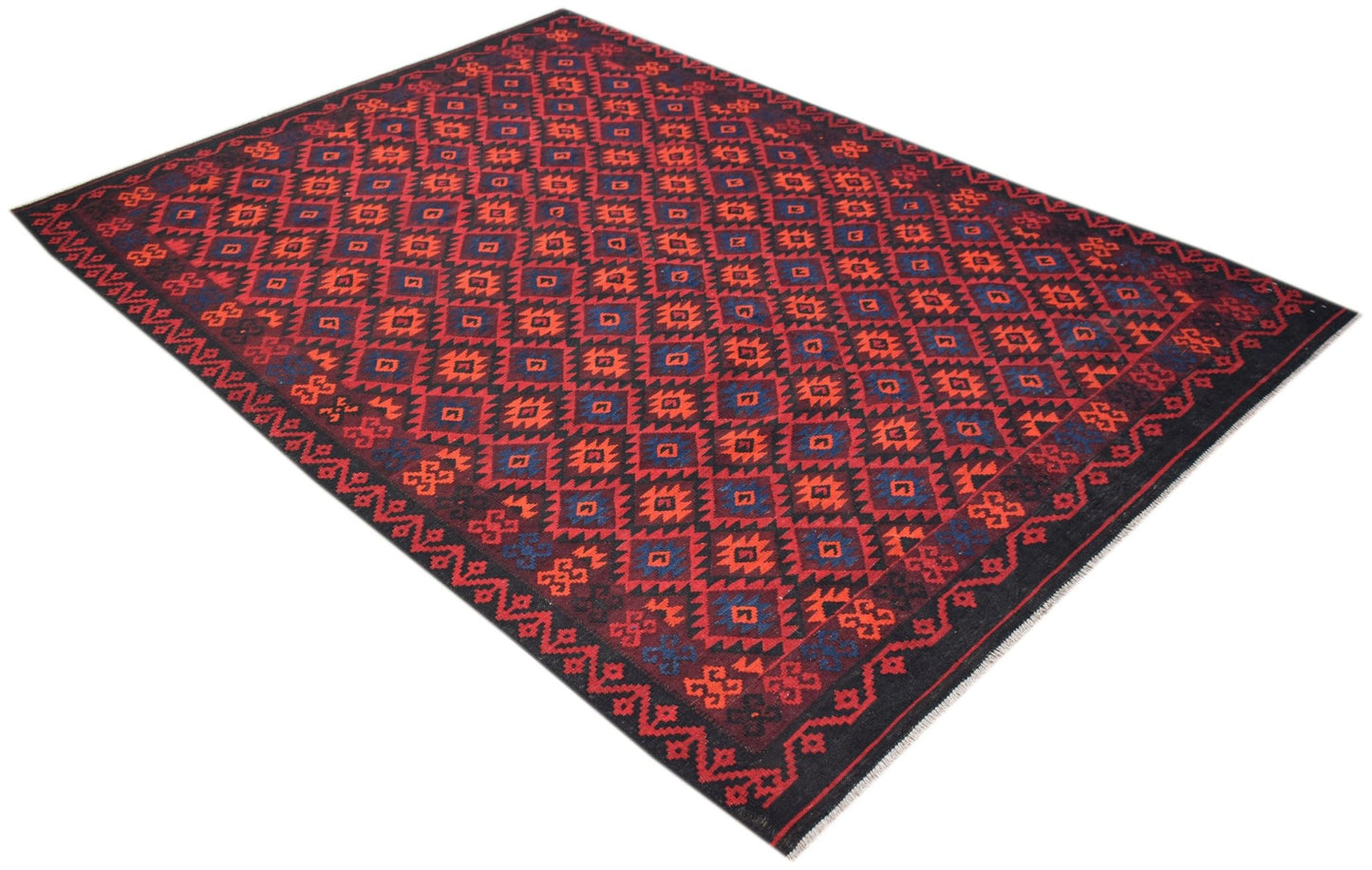 Handmade Afghan Maimana kilim rug featuring a geometric pattern in red, blue, and black wool.