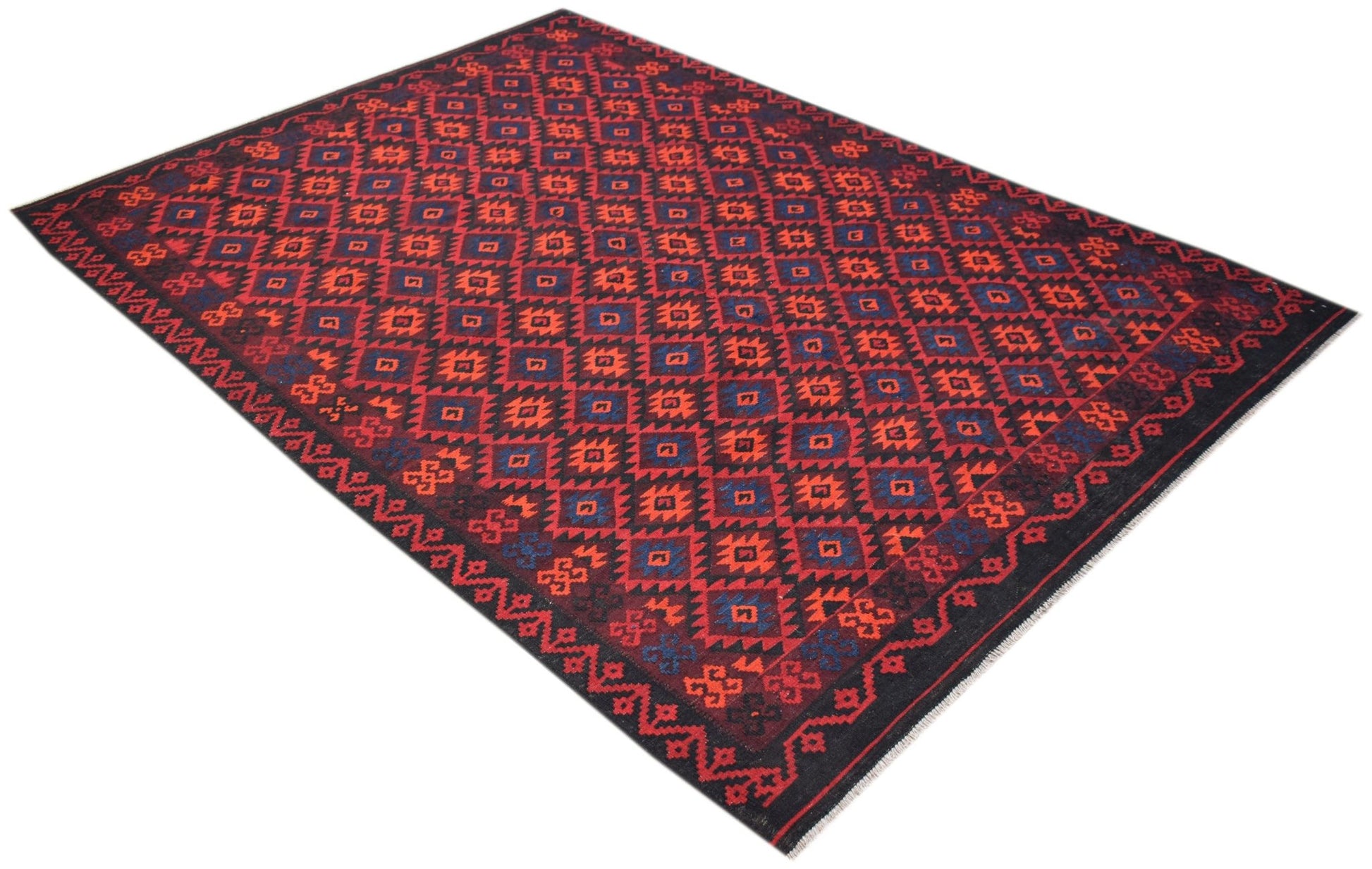 Handmade Afghan Maimana kilim rug featuring a geometric pattern in red, blue, and black wool.