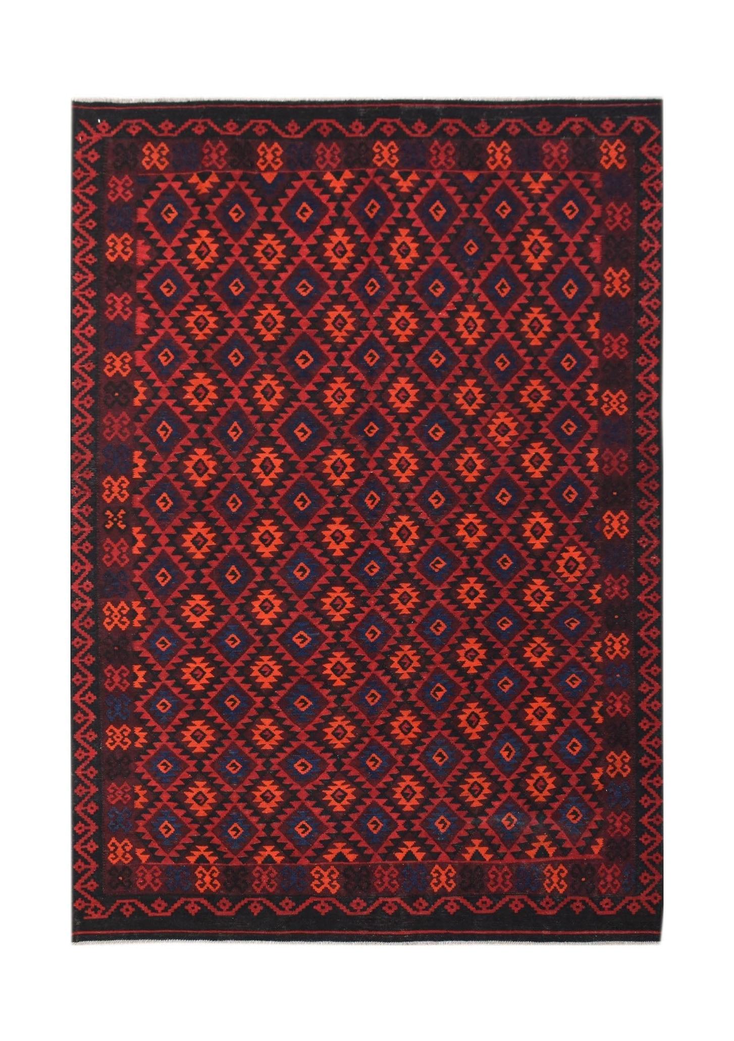 Handwoven Afghan Maimana kilim featuring a geometric diamond pattern in red and dark blue wool.