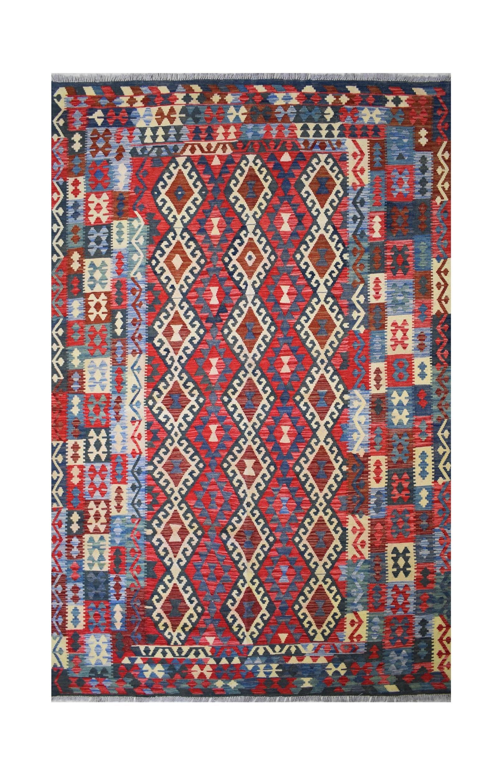 Handmade Afghan Maimana kilim rug featuring a vibrant geometric diamond pattern in red and blue.