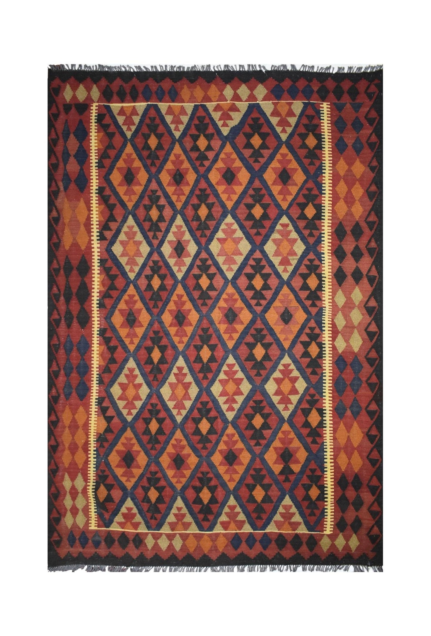 Handmade Afghan Maimana kilim rug featuring a geometric diamond pattern in warm, earthy tones.