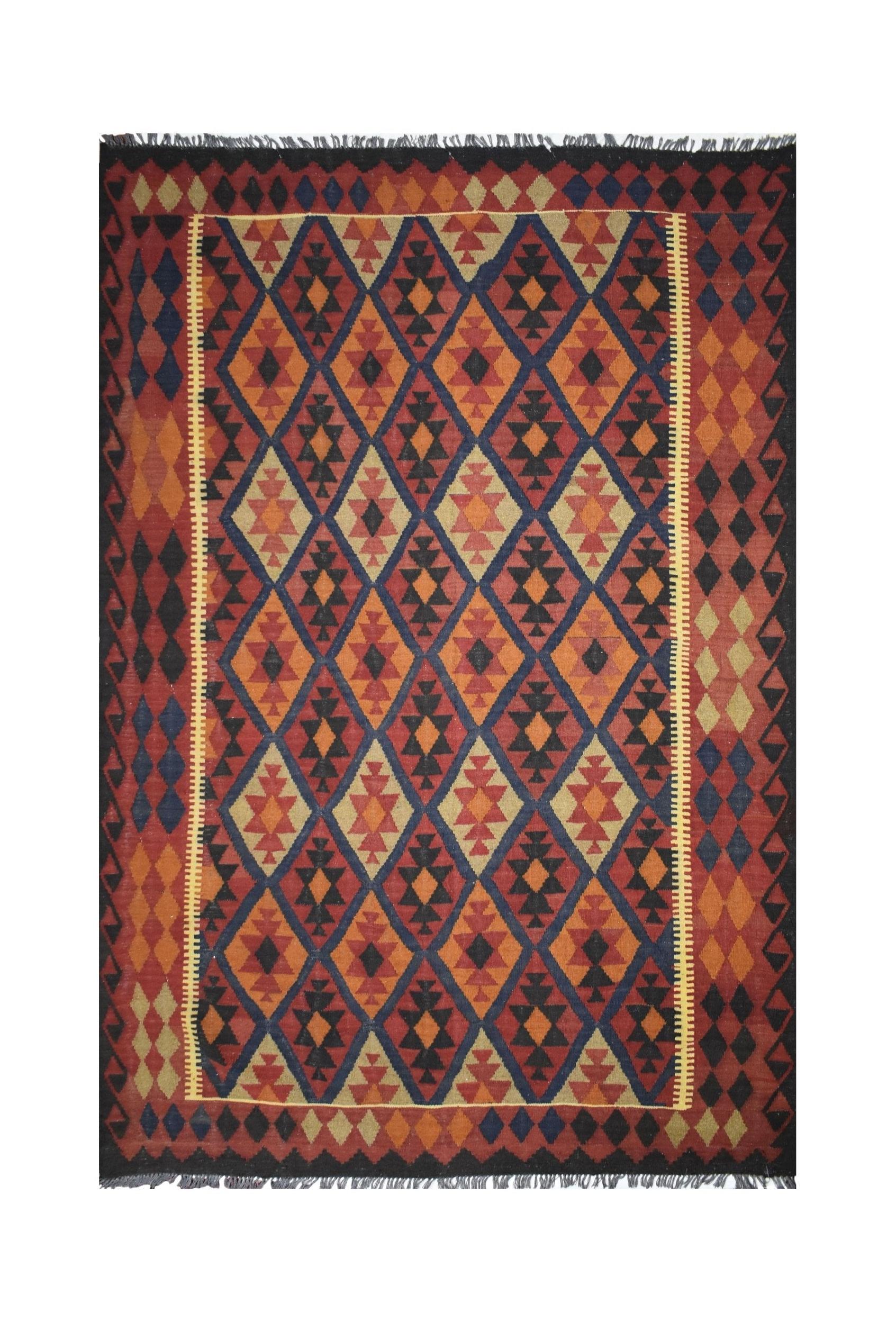 Handmade Afghan Maimana kilim rug featuring a geometric diamond pattern in warm, earthy tones.