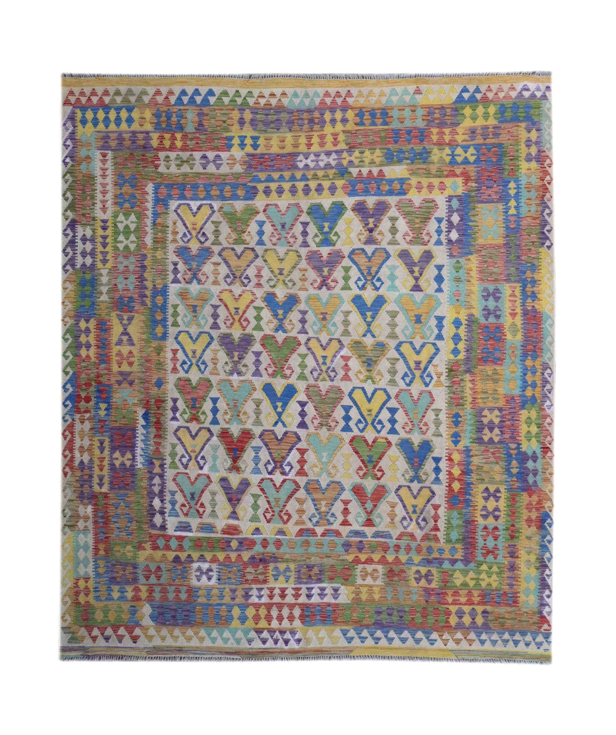 Handmade Afghan Maimana kilim rug featuring a colorful geometric pattern on a light background.