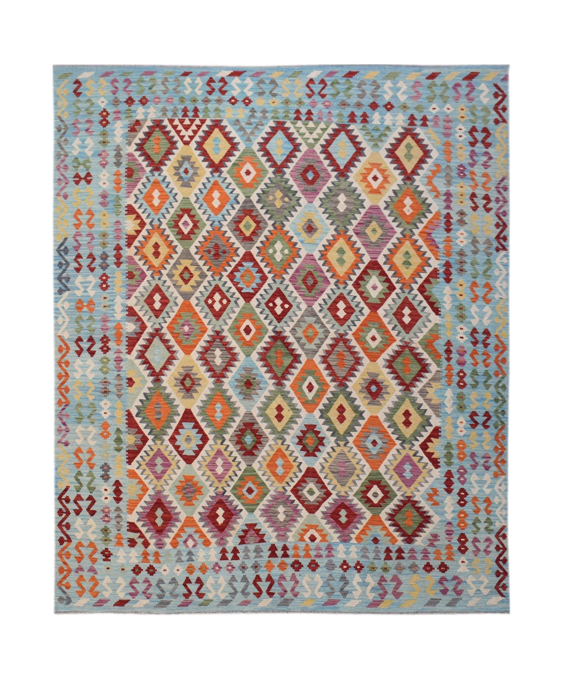 Handwoven Afghan Maimana kilim rug featuring a colorful geometric diamond pattern on a blue field.