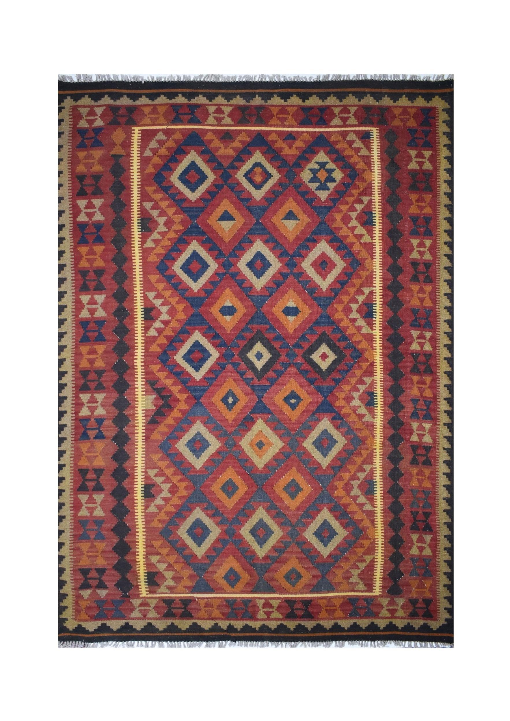 Handmade Afghan Maimana kilim rug featuring a geometric diamond pattern in red, blue, and tan.