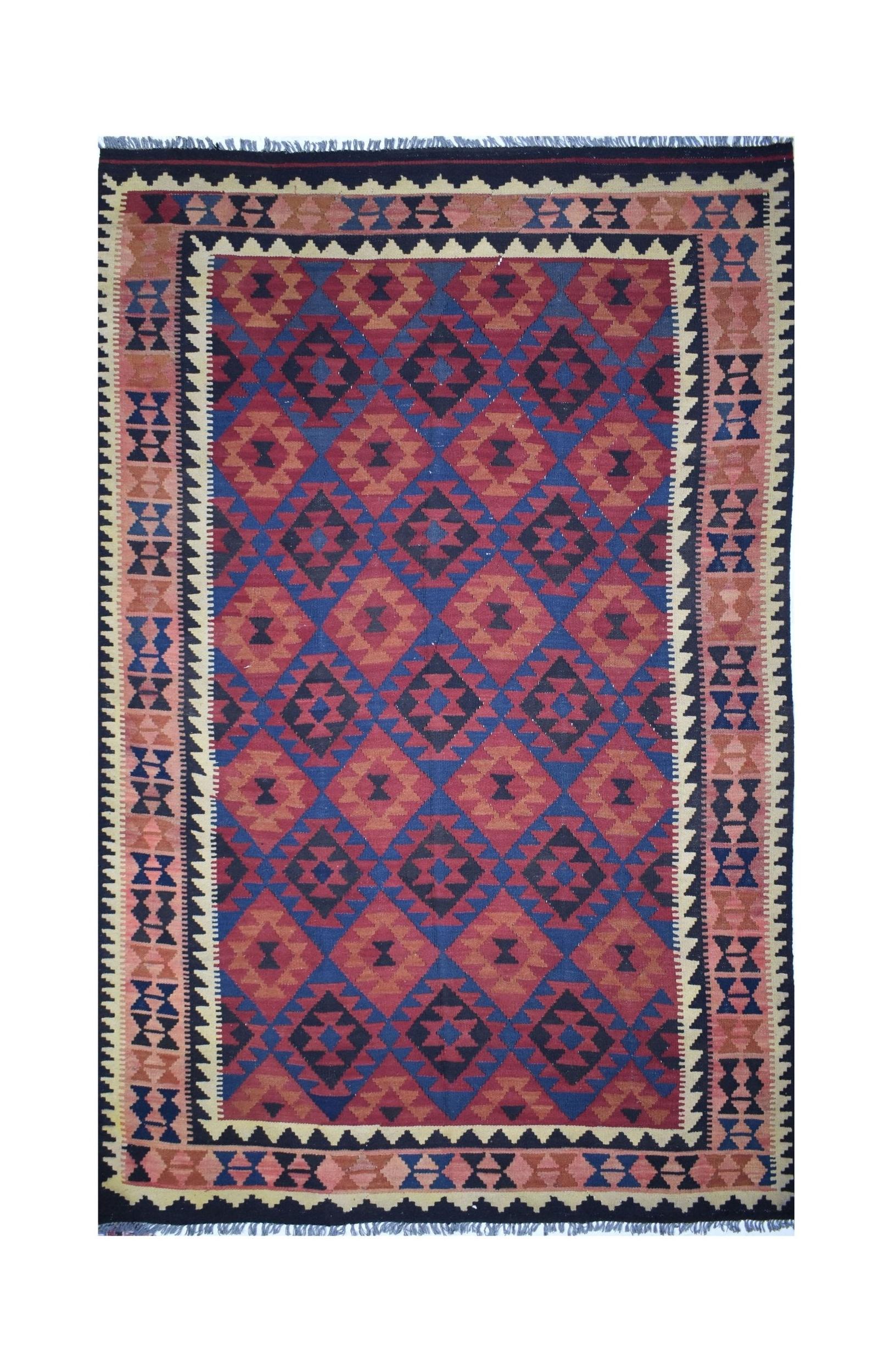 Handmade Afghan Maimana kilim rug featuring a geometric diamond pattern in red and blue tones.