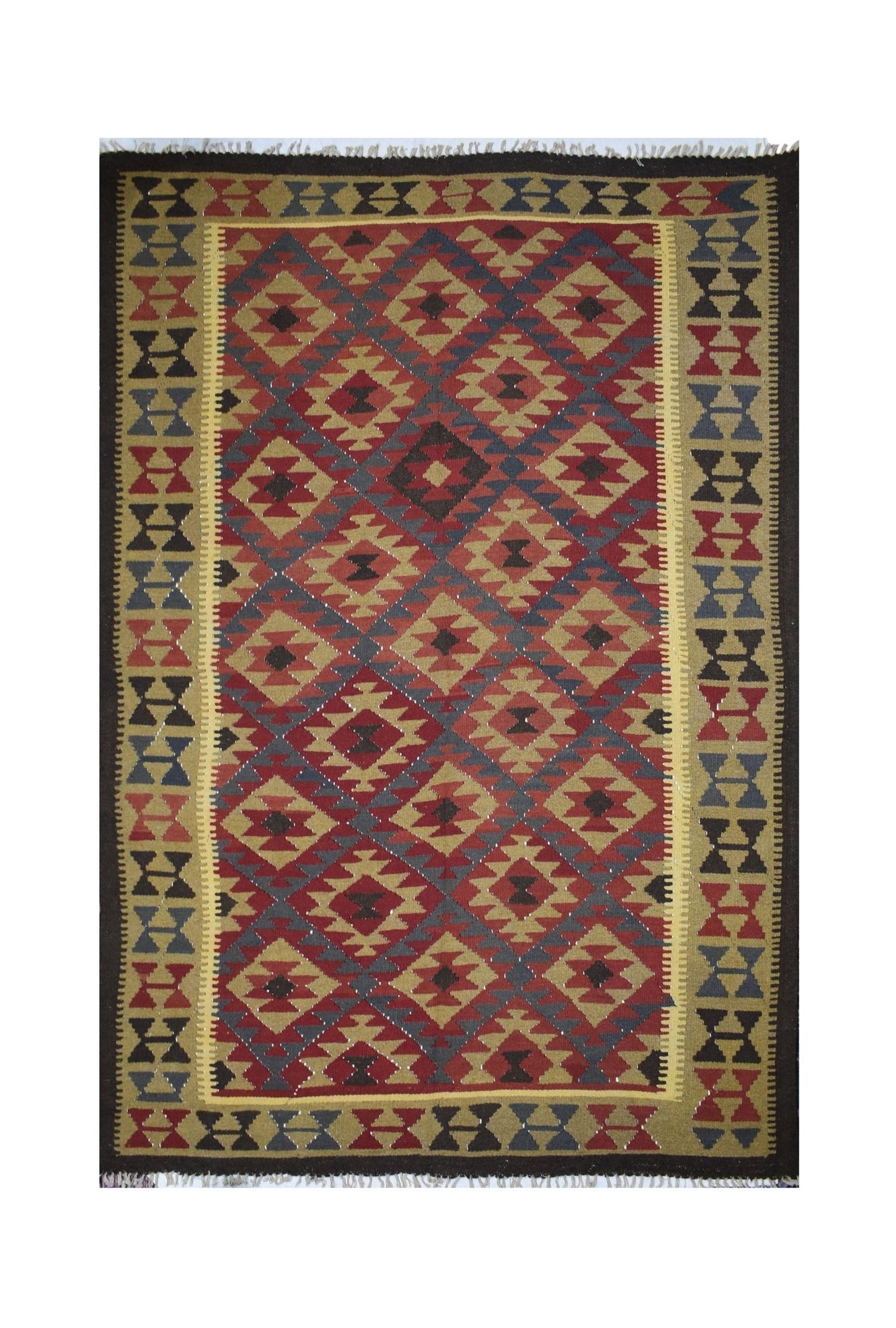 Handmade Afghan Maimana kilim rug featuring a geometric diamond pattern in red, blue, and tan.