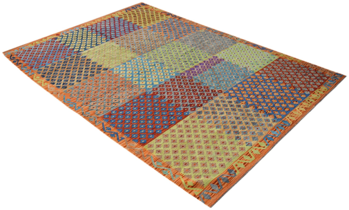 A rectangular Afghan Maimana kilim featuring a colorful geometric grid pattern in wool.