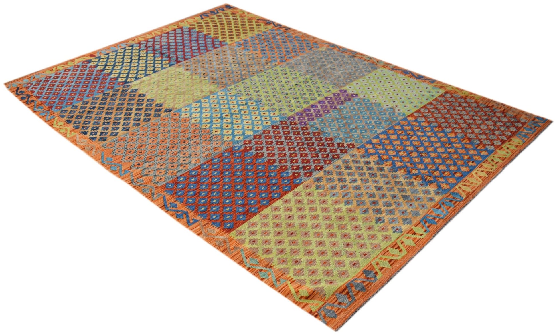 A rectangular Afghan Maimana kilim featuring a colorful geometric grid pattern in wool.