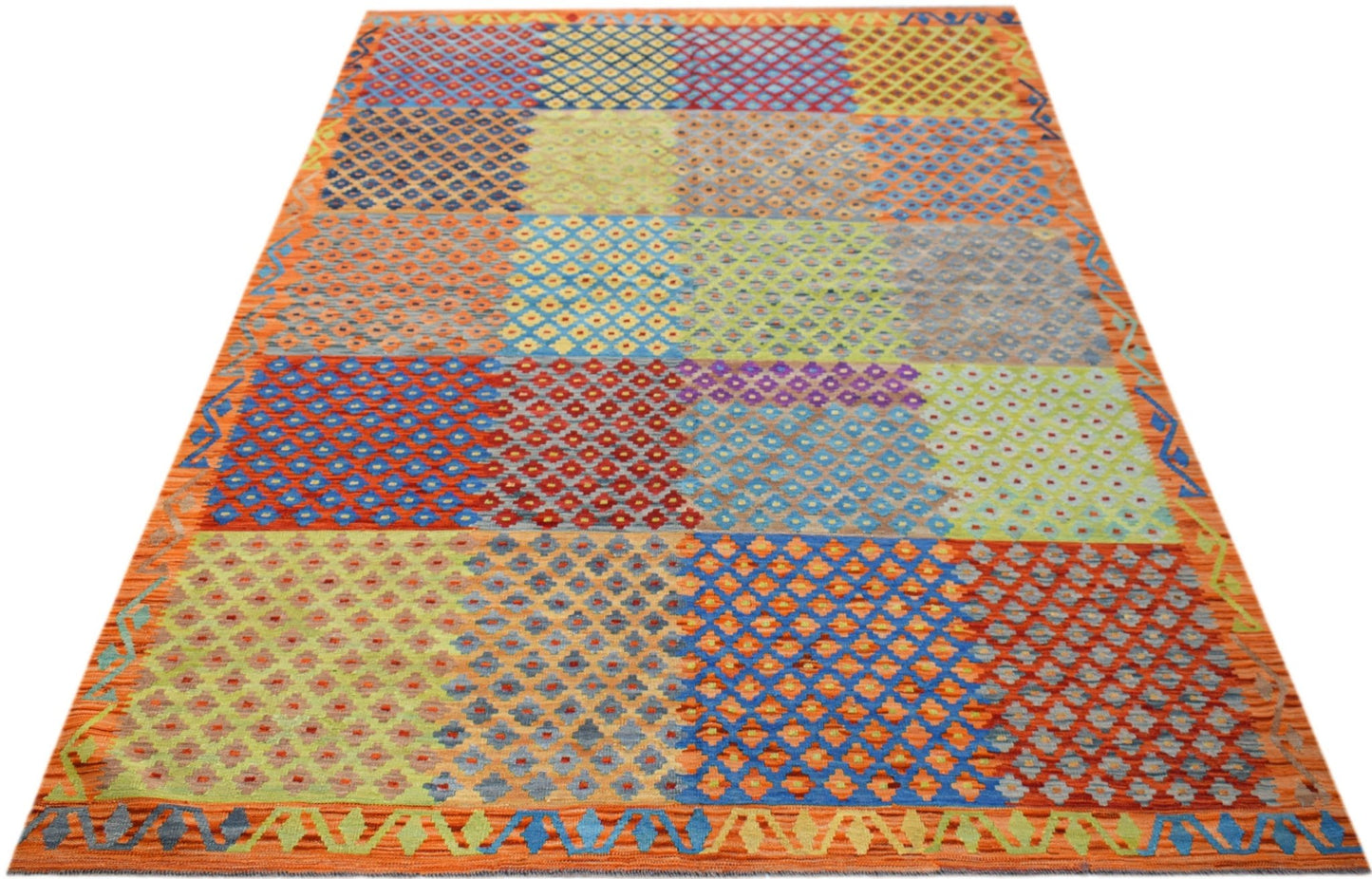 Handmade Afghan Maimana kilim rug featuring a colorful patchwork of geometric diamond patterns.