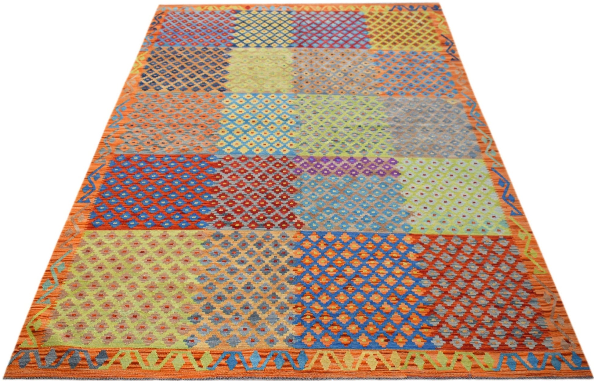 Handmade Afghan Maimana kilim rug featuring a colorful patchwork of geometric diamond patterns.