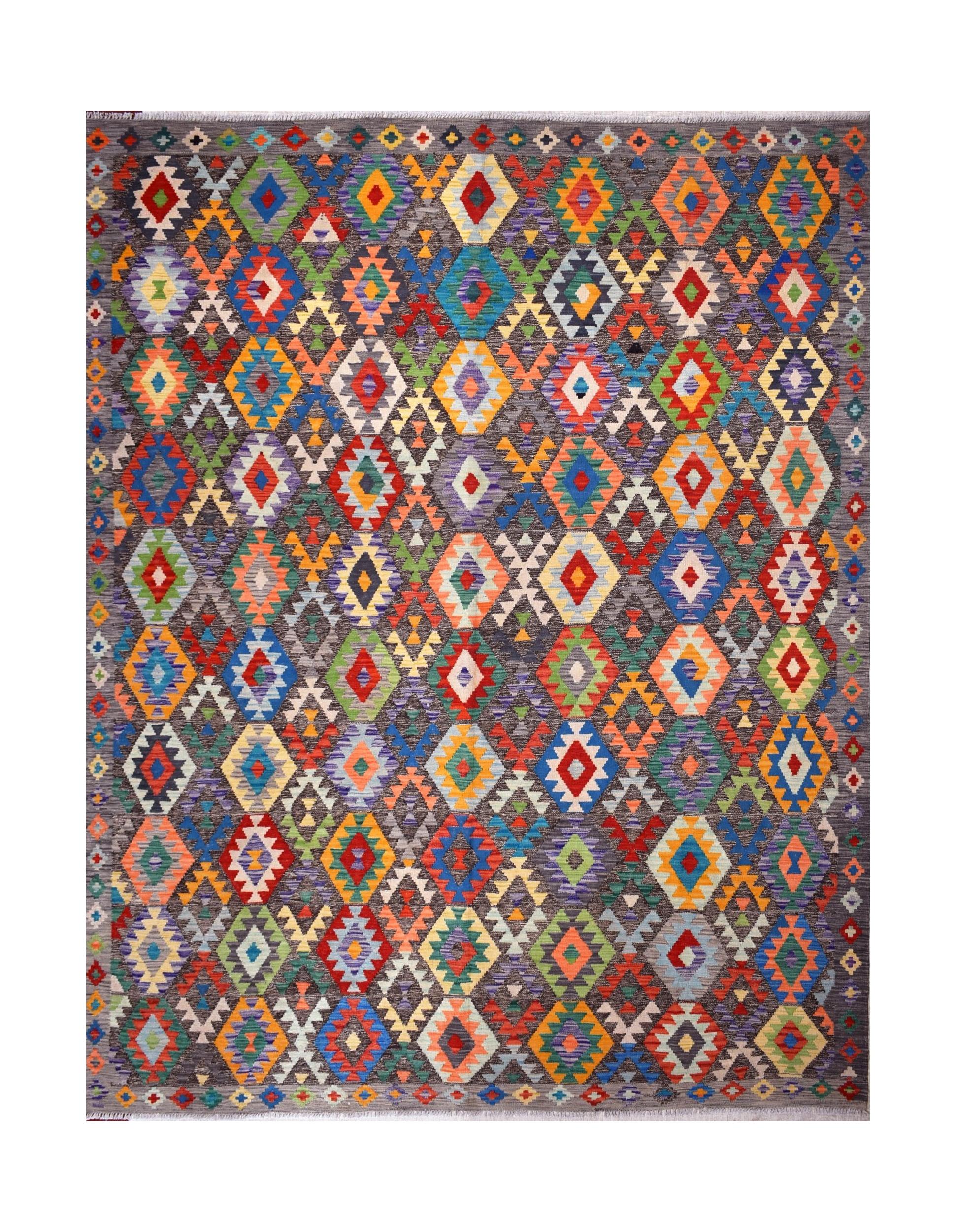 Handmade Afghan Maimana kilim rug featuring a vibrant, multicolored geometric diamond pattern.