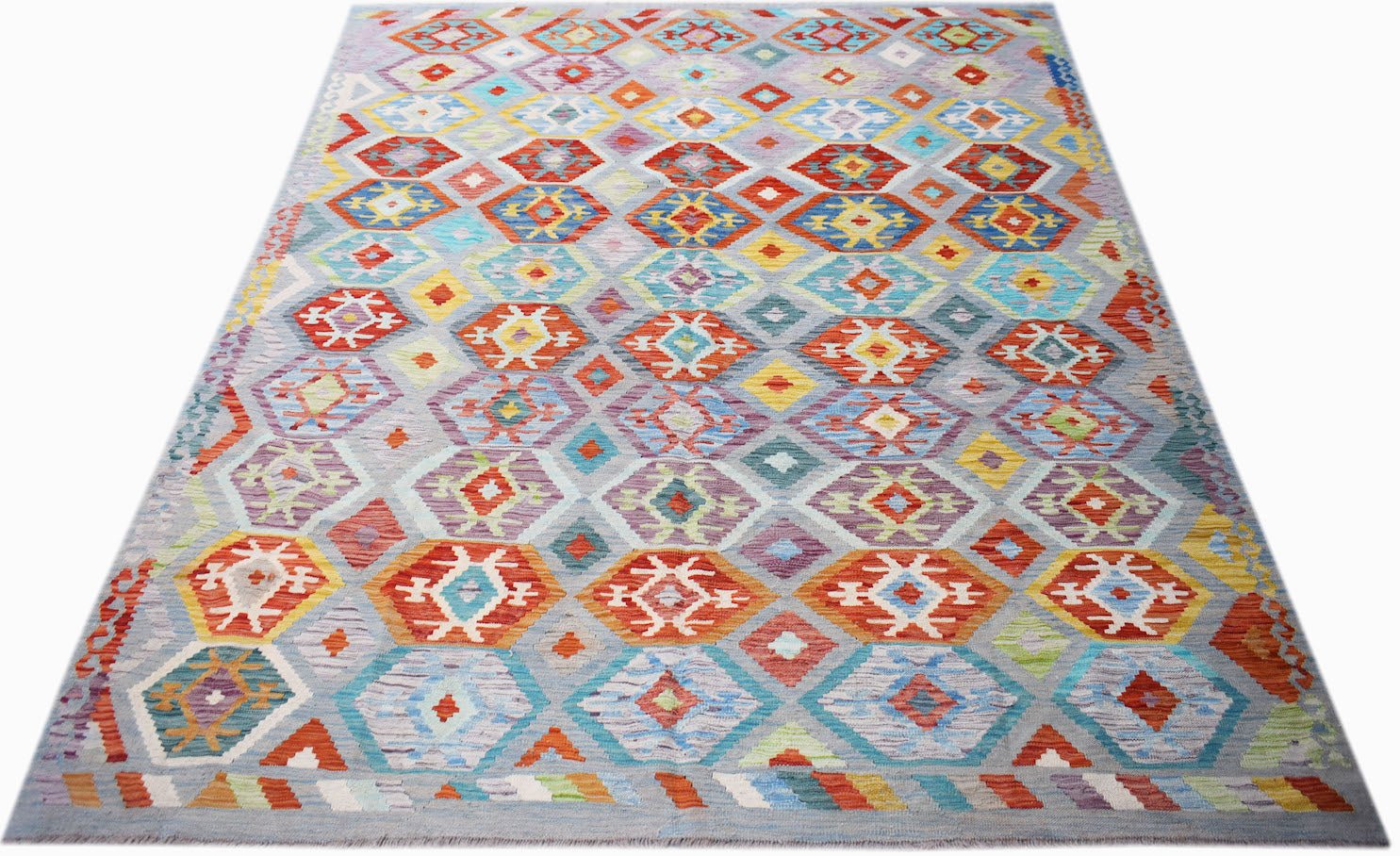 Handwoven Afghan Maimana Kilim rug featuring a colorful geometric diamond pattern on a grey base.