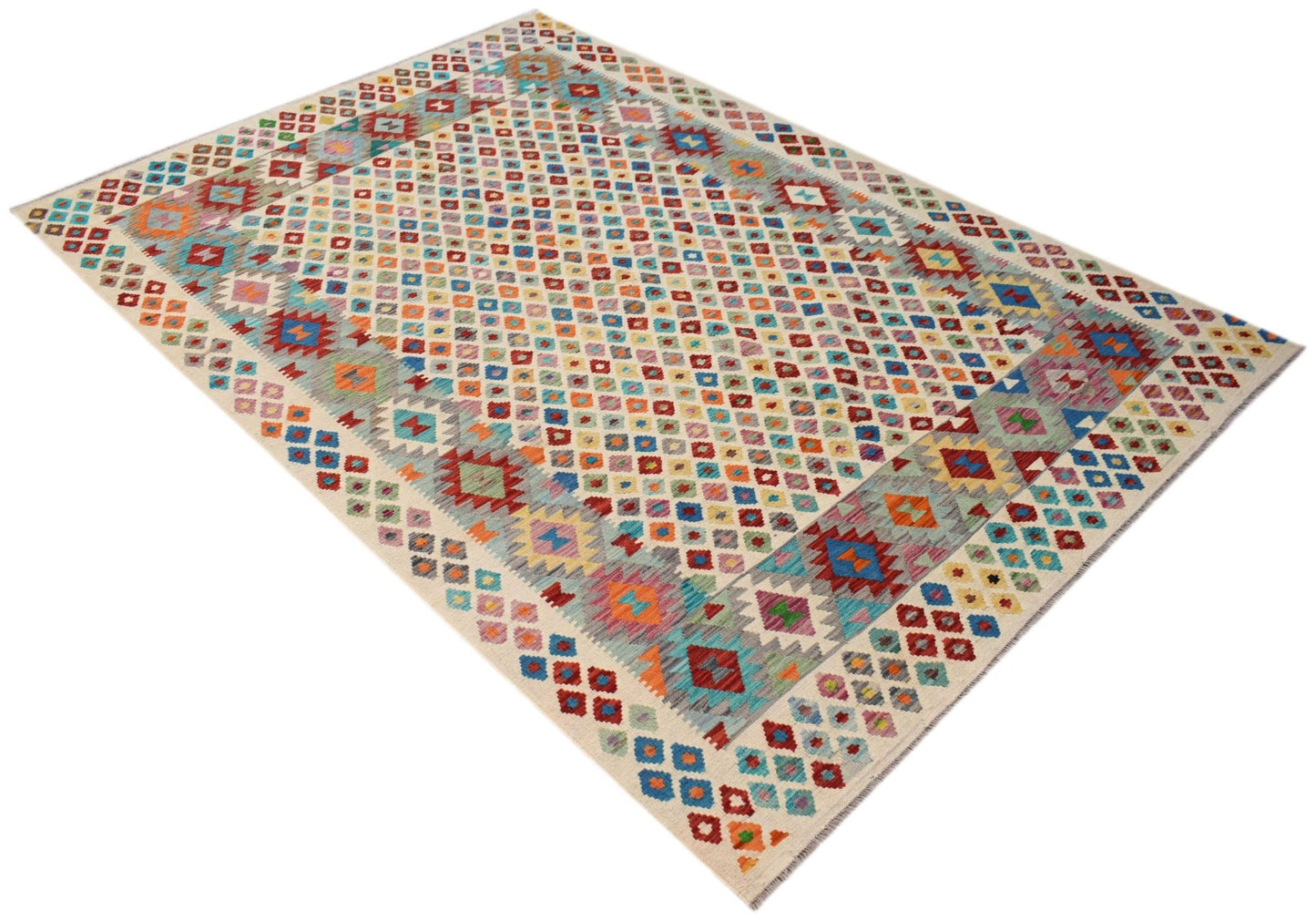 A rectangular Afghan Maimana kilim rug featuring a colorful geometric diamond pattern.