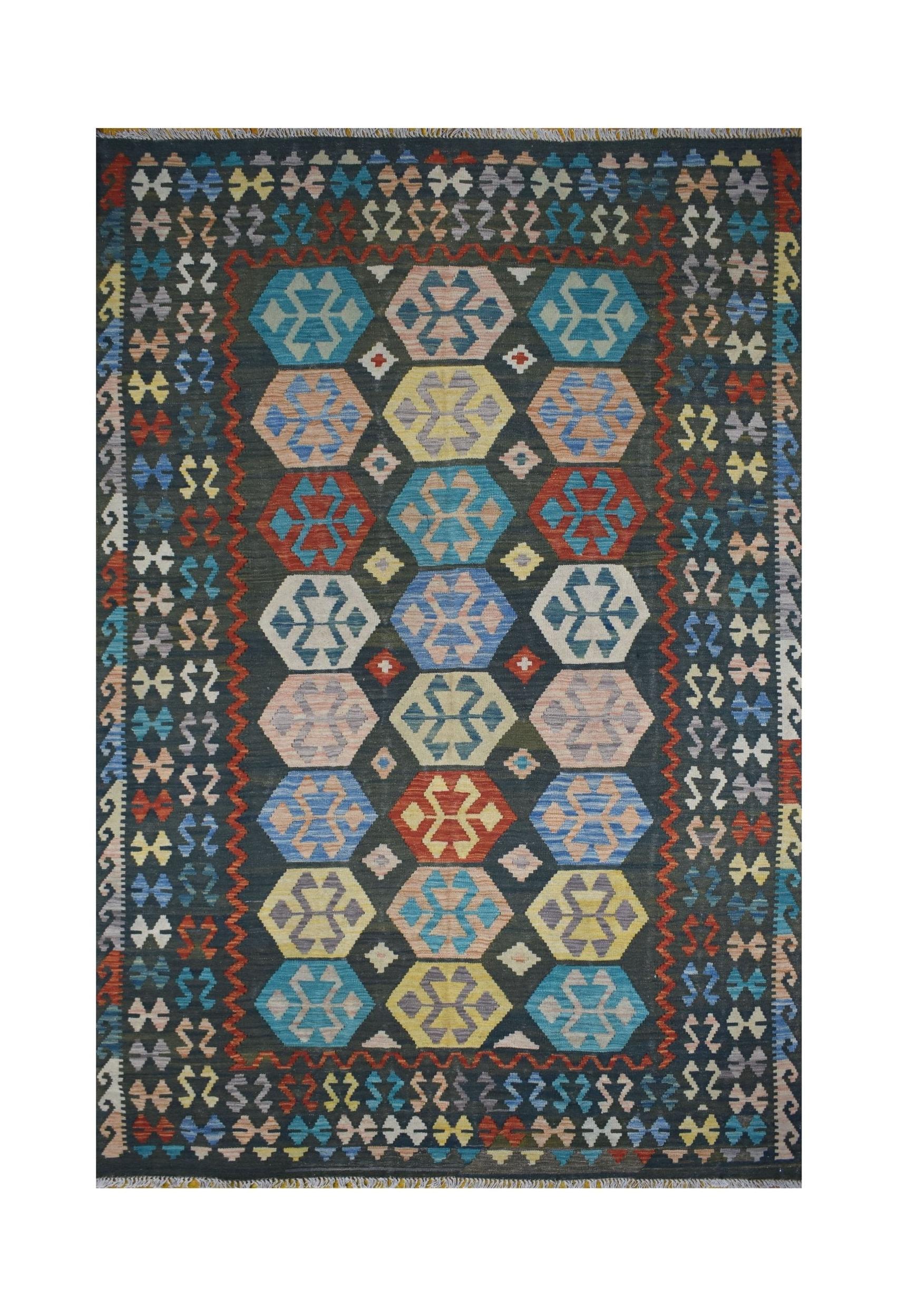 Handmade Afghan Maimana kilim rug featuring a dark background with colorful geometric hexagons.