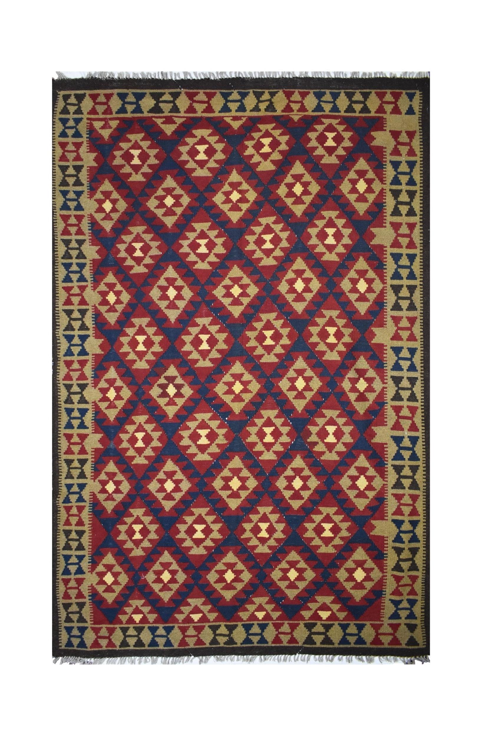 Handmade Afghan Maimana kilim rug featuring a geometric diamond pattern in red, blue, and tan.