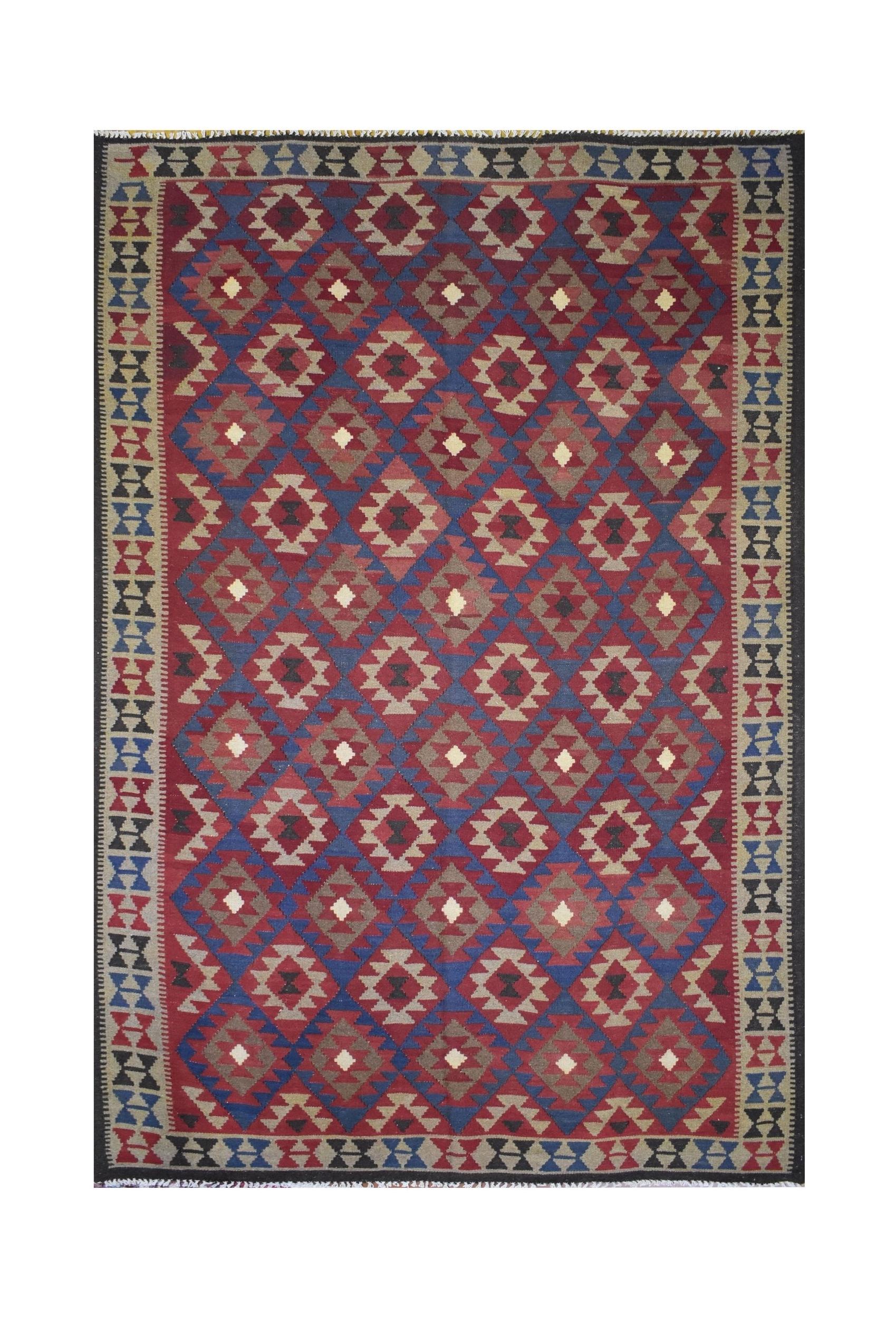 Handmade Afghan Maimana kilim rug featuring a geometric diamond pattern in red, blue, and tan.