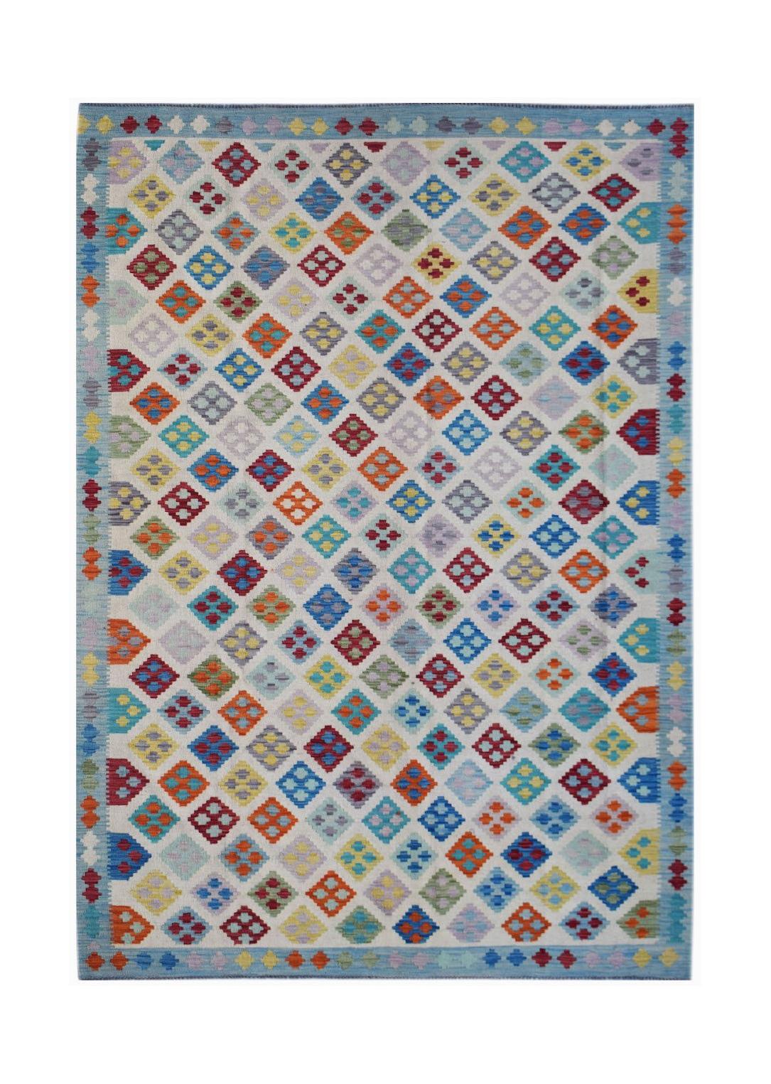 Handwoven Afghan Maimana kilim rug featuring a colorful geometric diamond pattern on a light base.