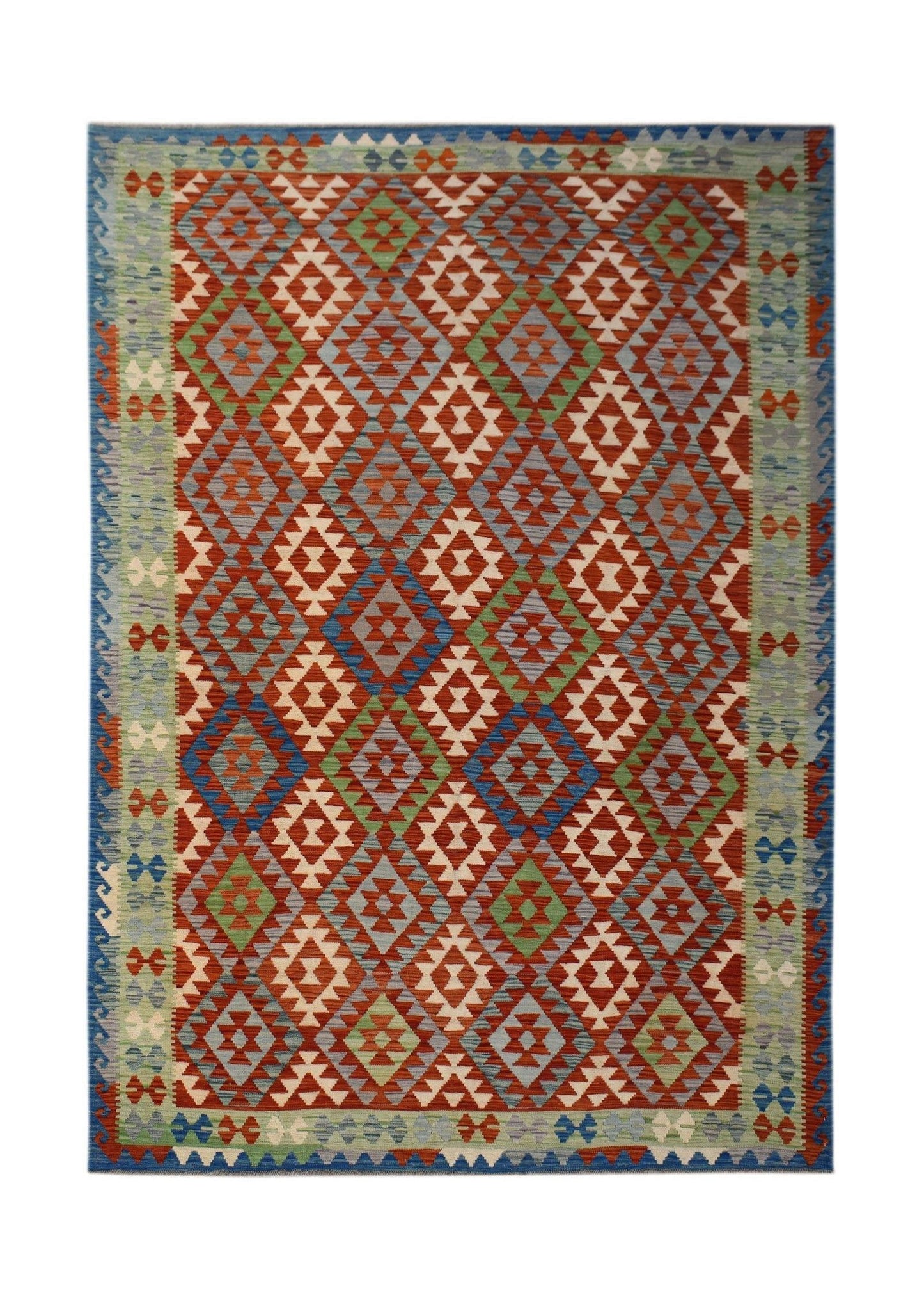 Handwoven Afghan Maimana kilim rug featuring a colorful geometric diamond pattern in wool.