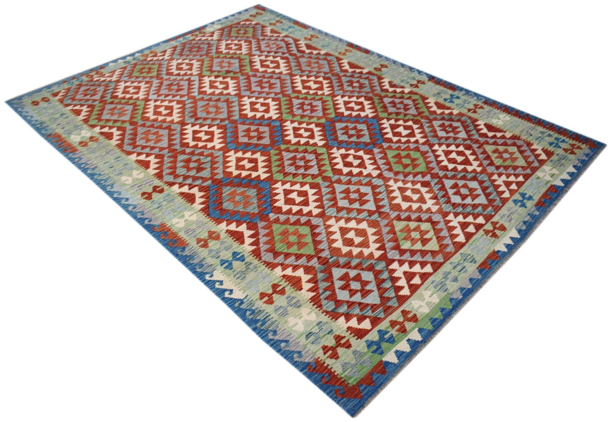 Handwoven Afghan Maimana kilim rug featuring a geometric diamond pattern in red, blue, and green.