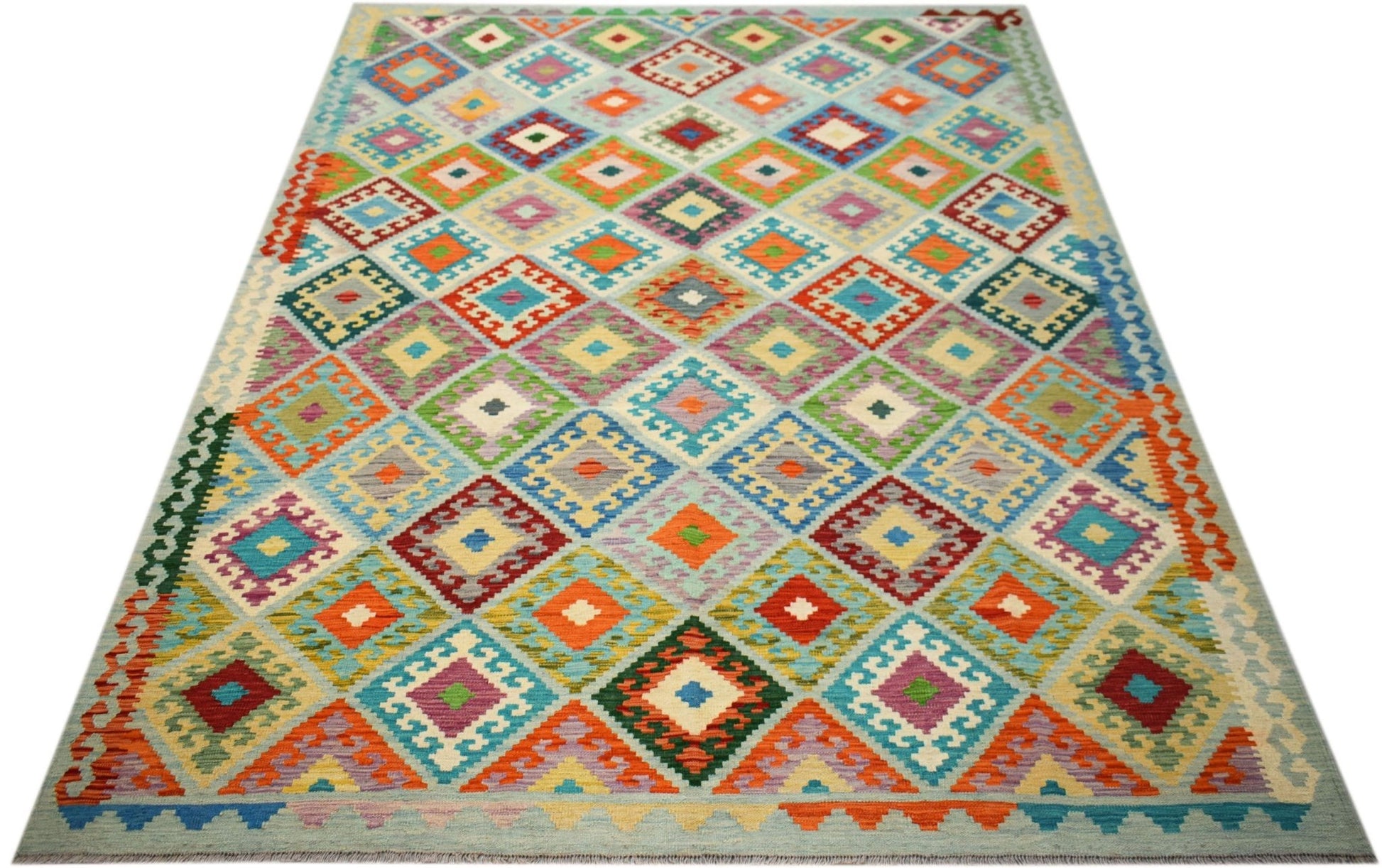 Handwoven Afghan Maimana kilim rug featuring a vibrant, multicolored geometric diamond pattern.