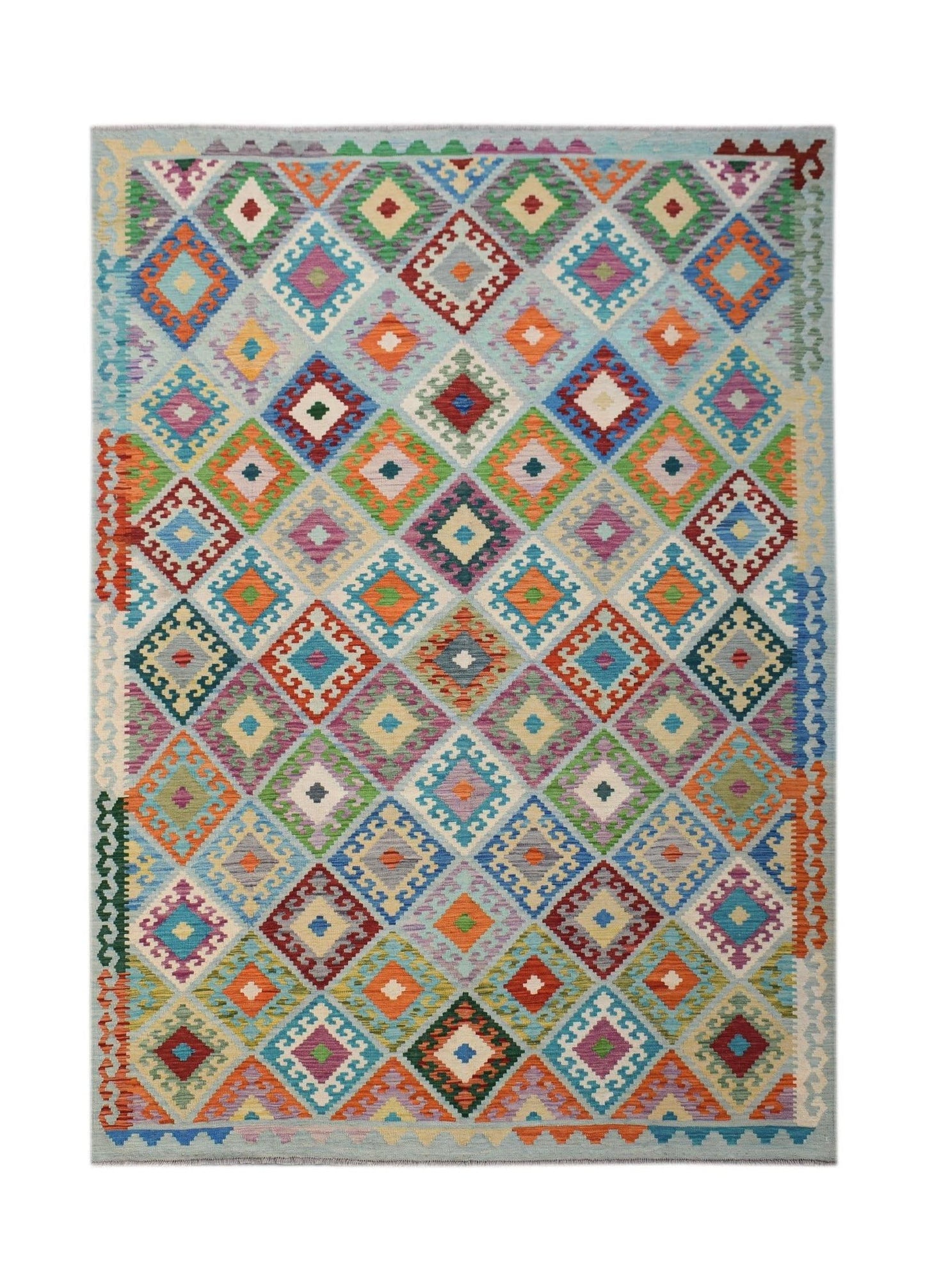 Handwoven Afghan Maimana kilim rug featuring a colorful geometric diamond pattern in wool.