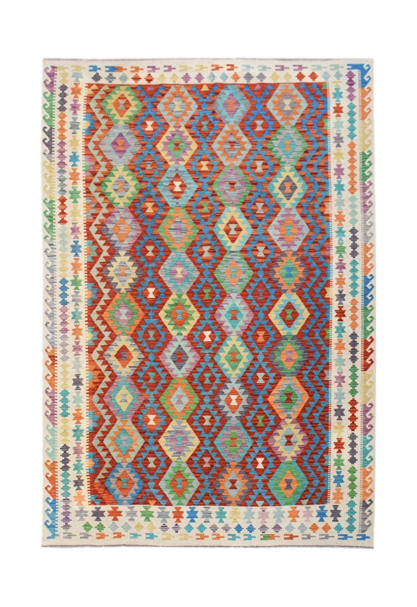 Handwoven Afghan Maimana kilim rug featuring a vibrant geometric diamond pattern in wool.