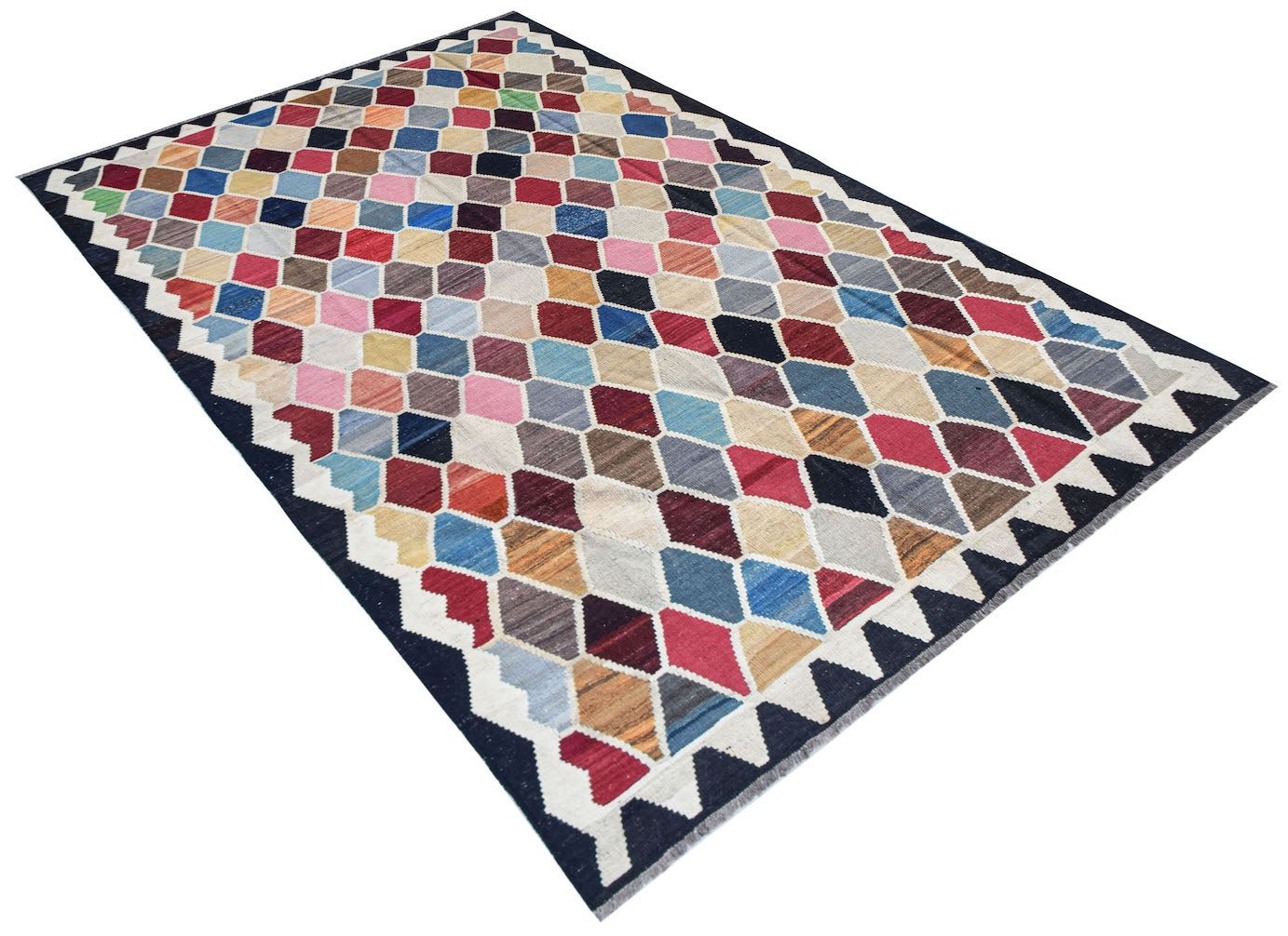 Afghan Maimana Kilim with a colorful geometric diamond pattern.