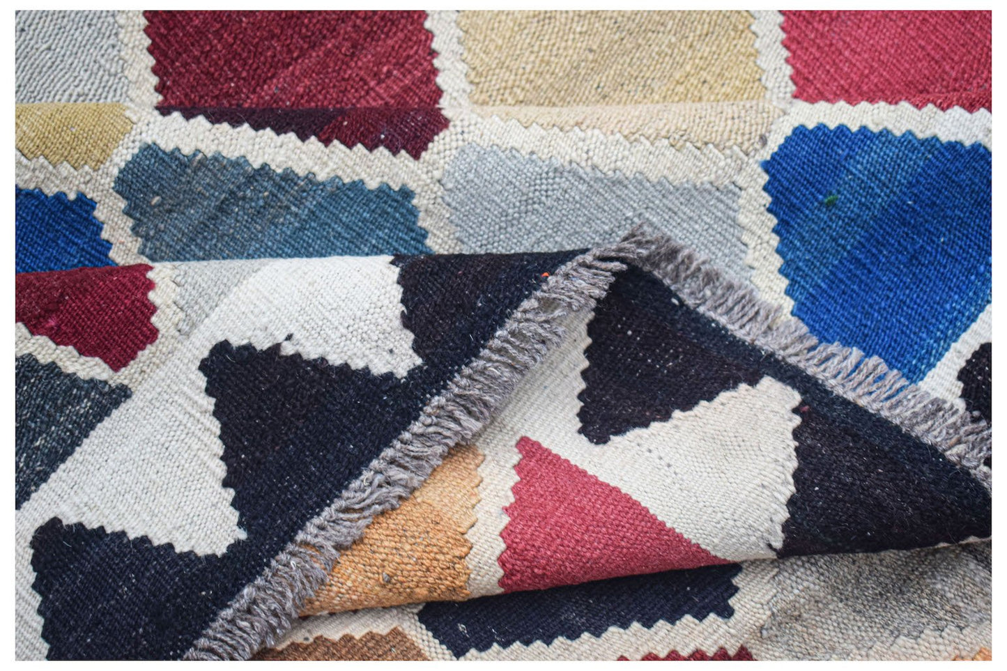 Afghan Maimana Kilim with geometric blocks of color.