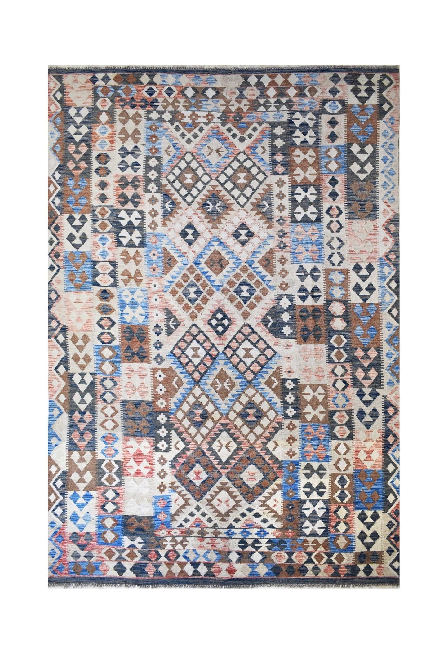 Handmade Afghan Maimana kilim rug featuring a geometric pattern in blue, brown, and cream tones.