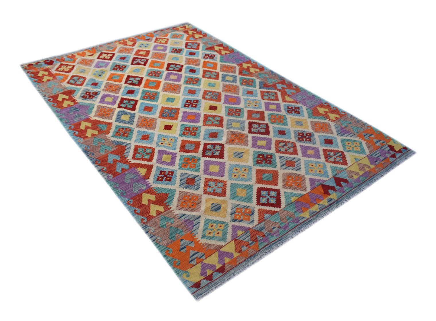 Handwoven Afghan Maimana kilim rug featuring a colorful geometric diamond pattern.