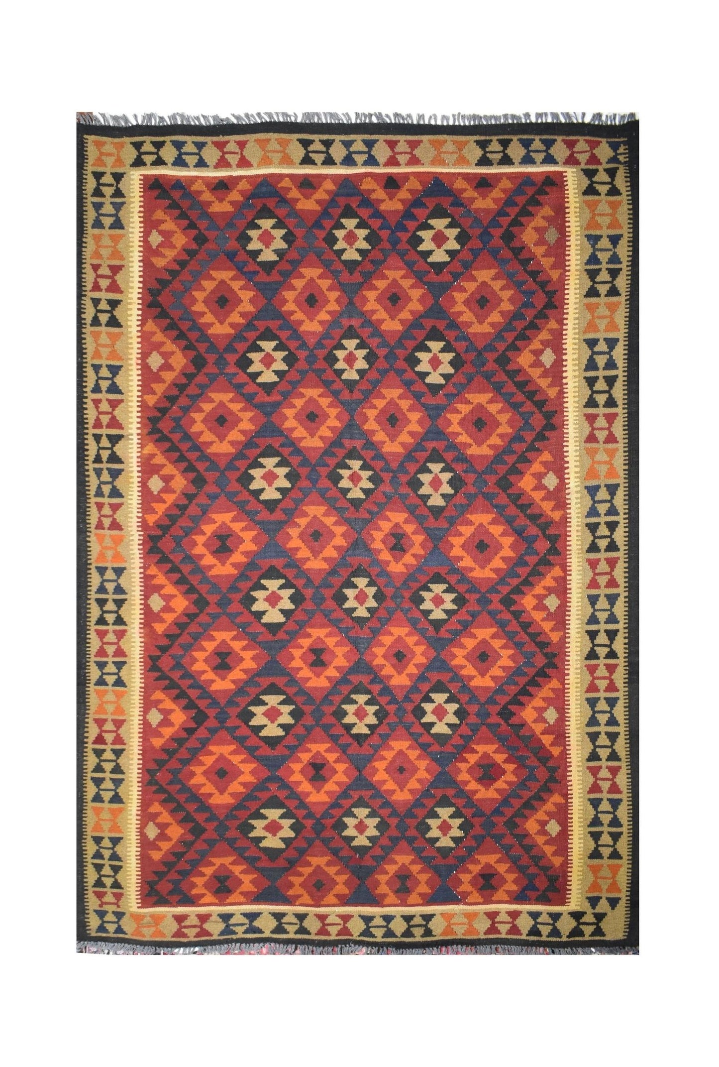 Handmade Afghan Maimana kilim rug featuring a geometric diamond pattern in red, blue, and orange.