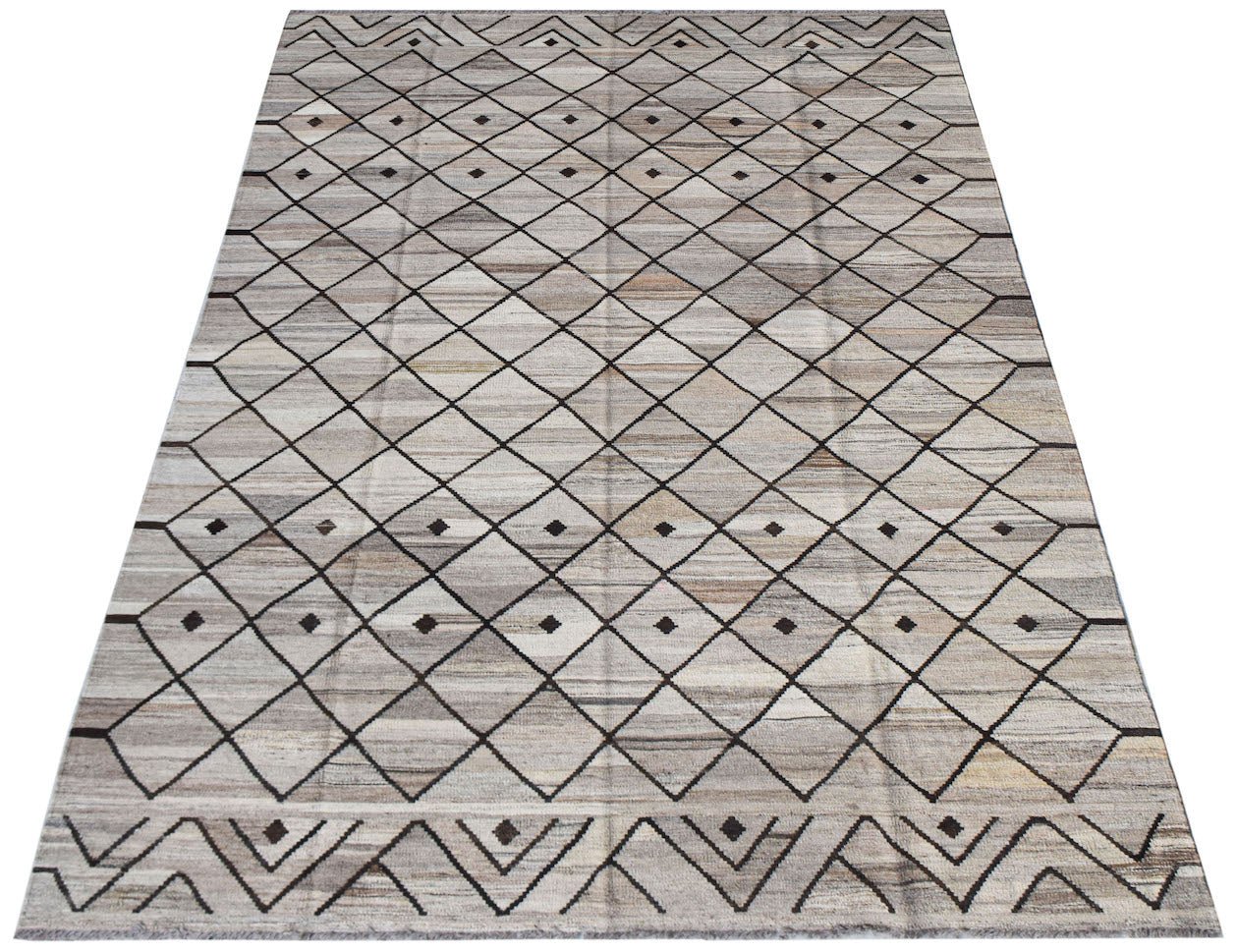 Handwoven Afghan Maimana kilim rug featuring a neutral diamond pattern and geometric borders.