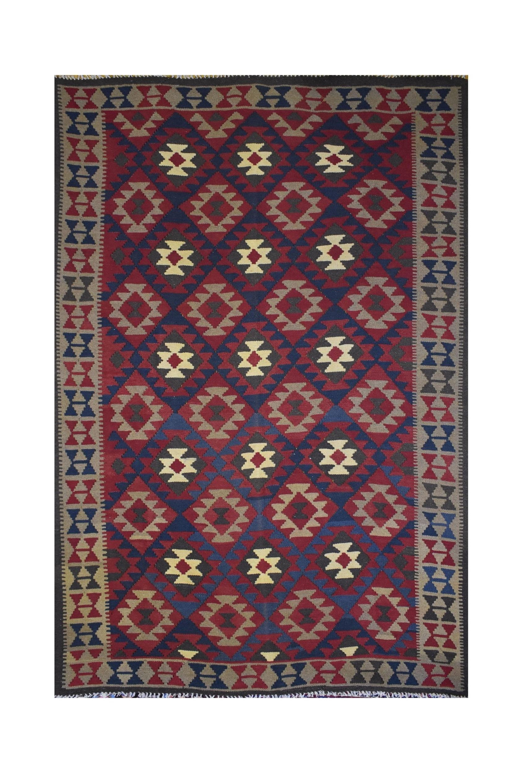 Handmade Afghan Maimana kilim rug featuring a geometric diamond pattern in red, blue, and cream.
