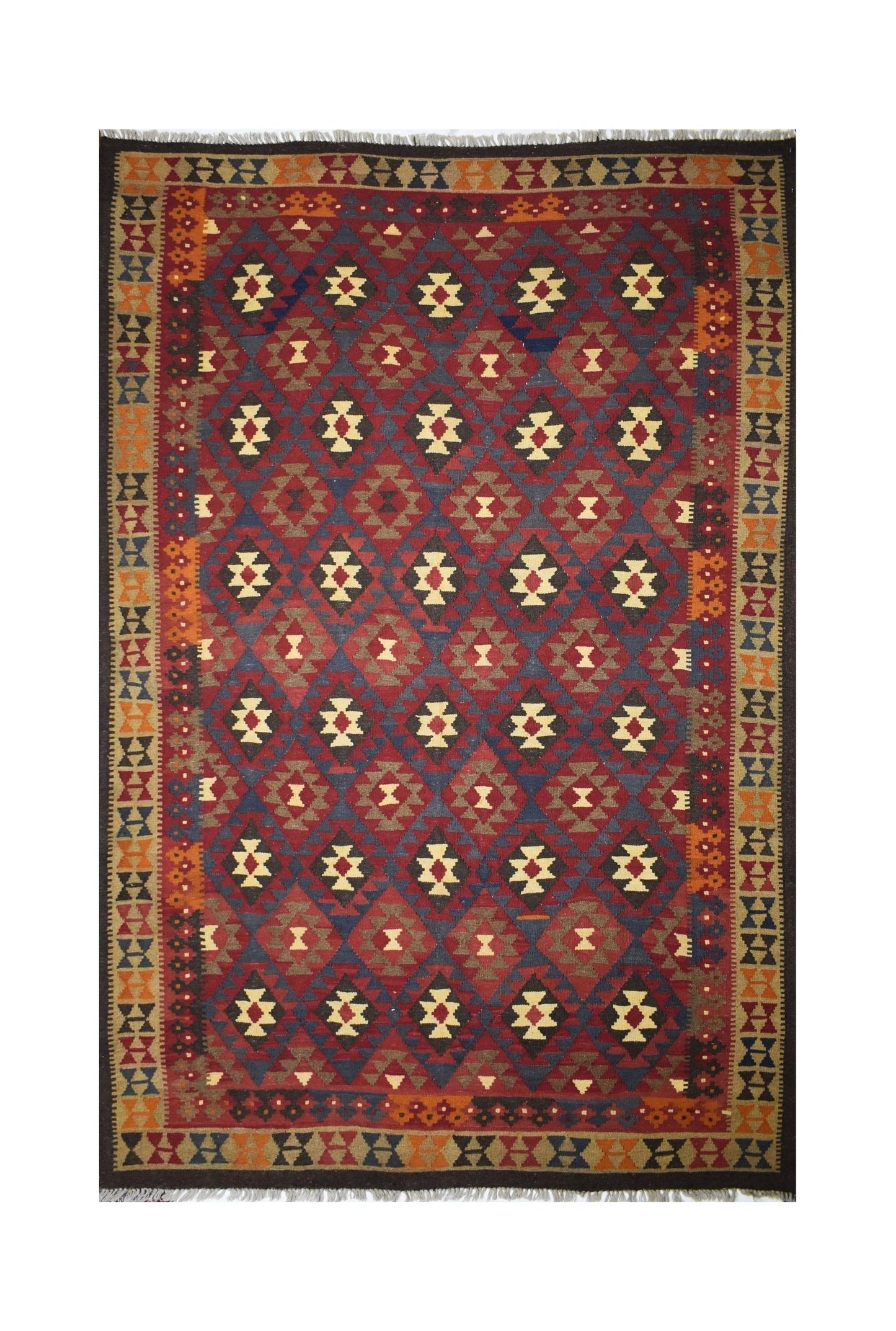 Handmade Afghan Maimana kilim rug featuring a geometric diamond pattern in red, blue, and tan.