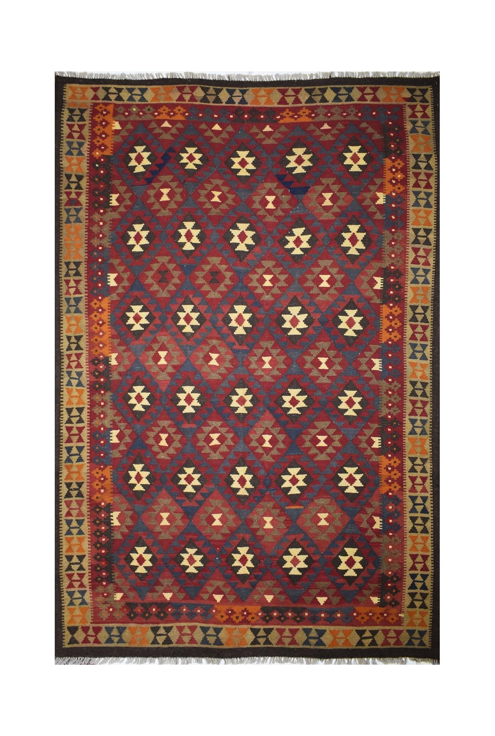 Handmade Afghan Maimana kilim rug featuring a geometric diamond pattern in red, blue, and tan.