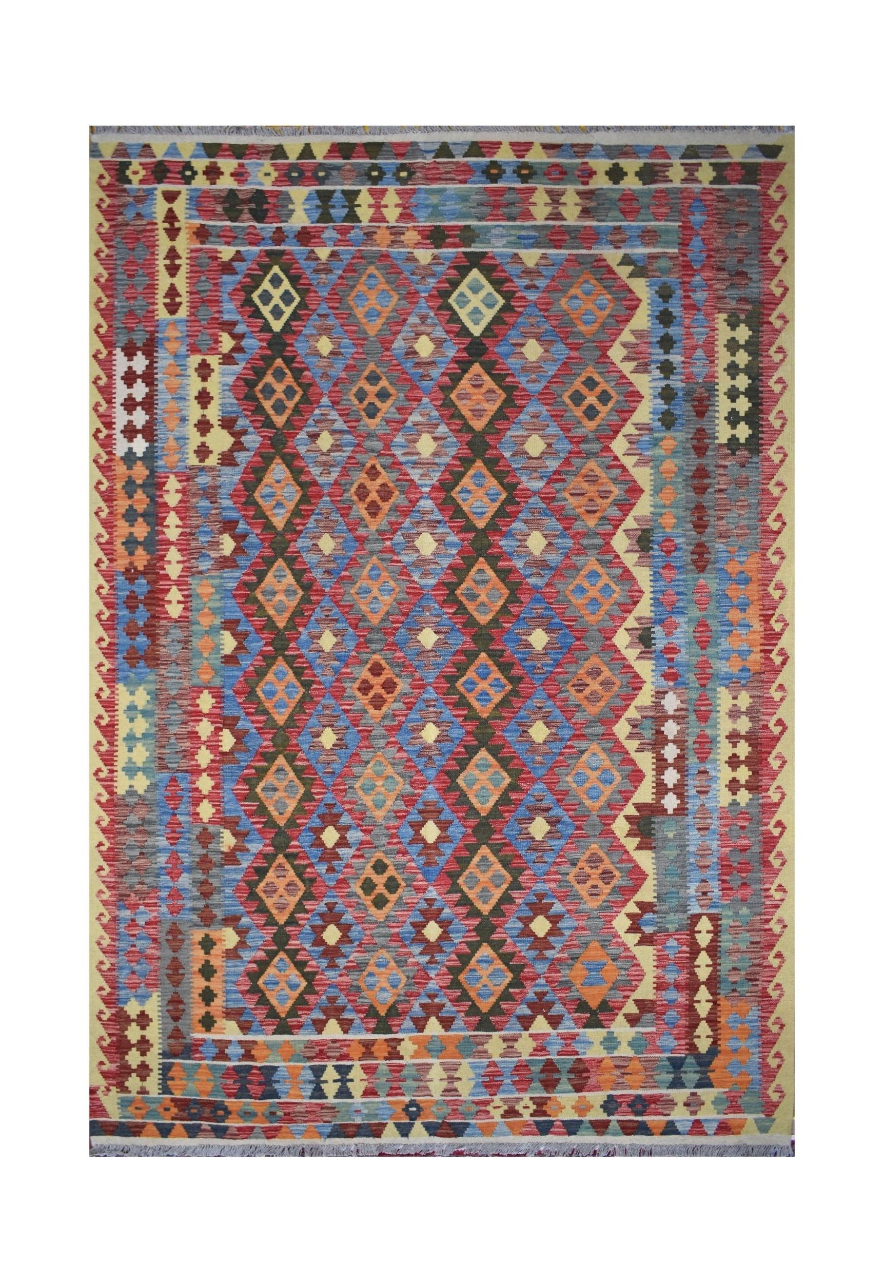 A handmade Afghan Maimana kilim rug featuring a vibrant geometric diamond pattern in wool.