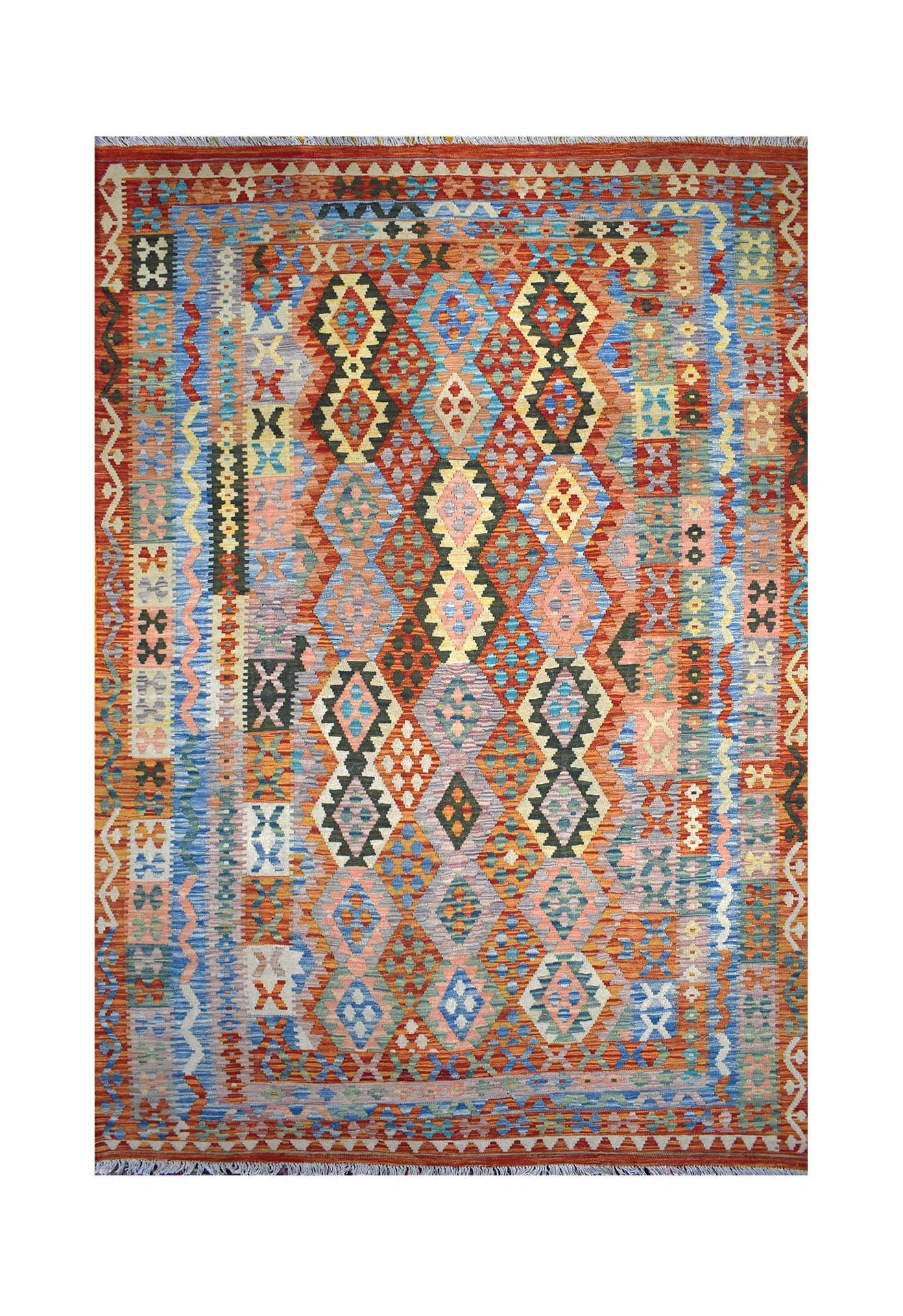 Handmade Afghan Maimana kilim rug featuring a vibrant geometric diamond pattern in wool.