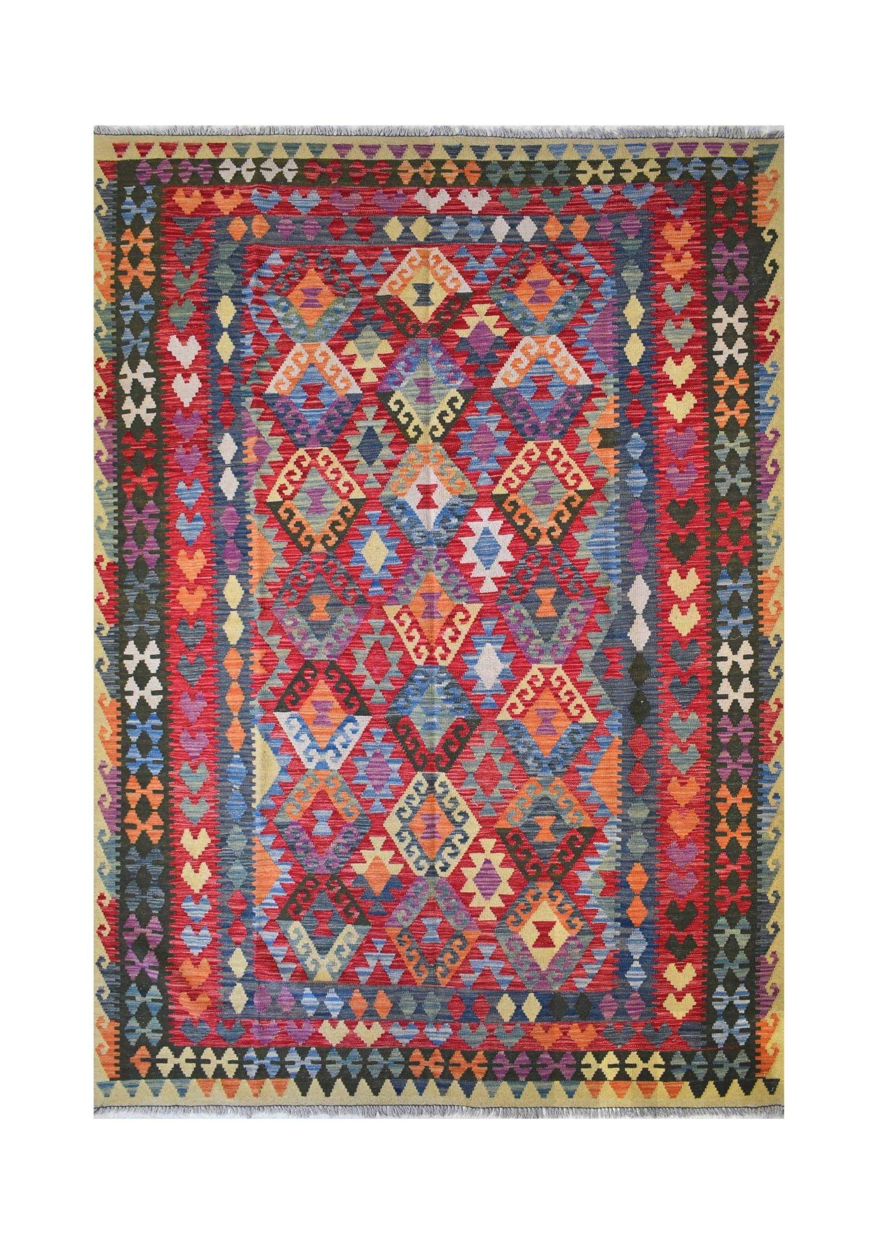 Handmade Afghan Maimana kilim rug featuring a vibrant geometric pattern in rich, multicolored wool.