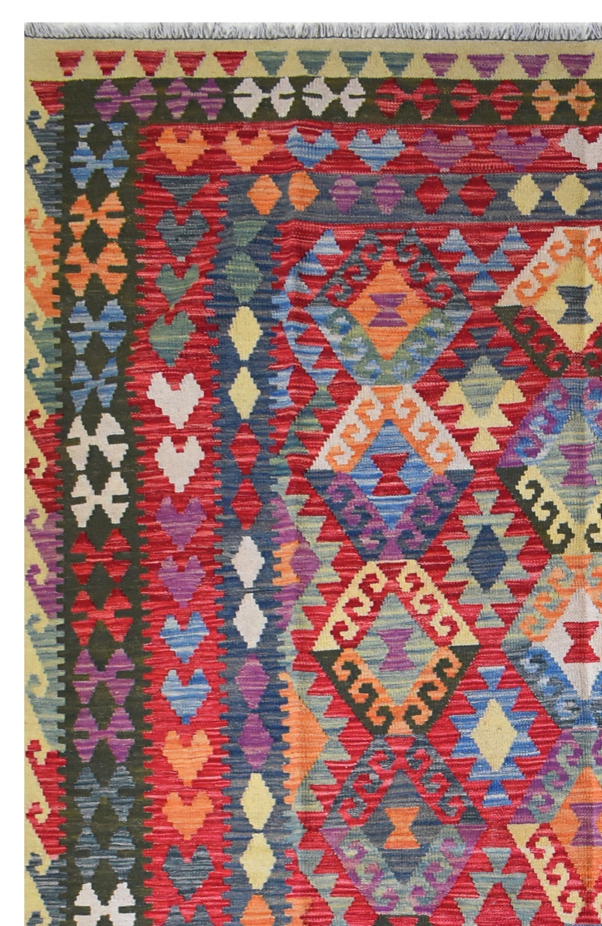 Handmade Afghan Maimana kilim rug featuring a vibrant geometric pattern in wool.