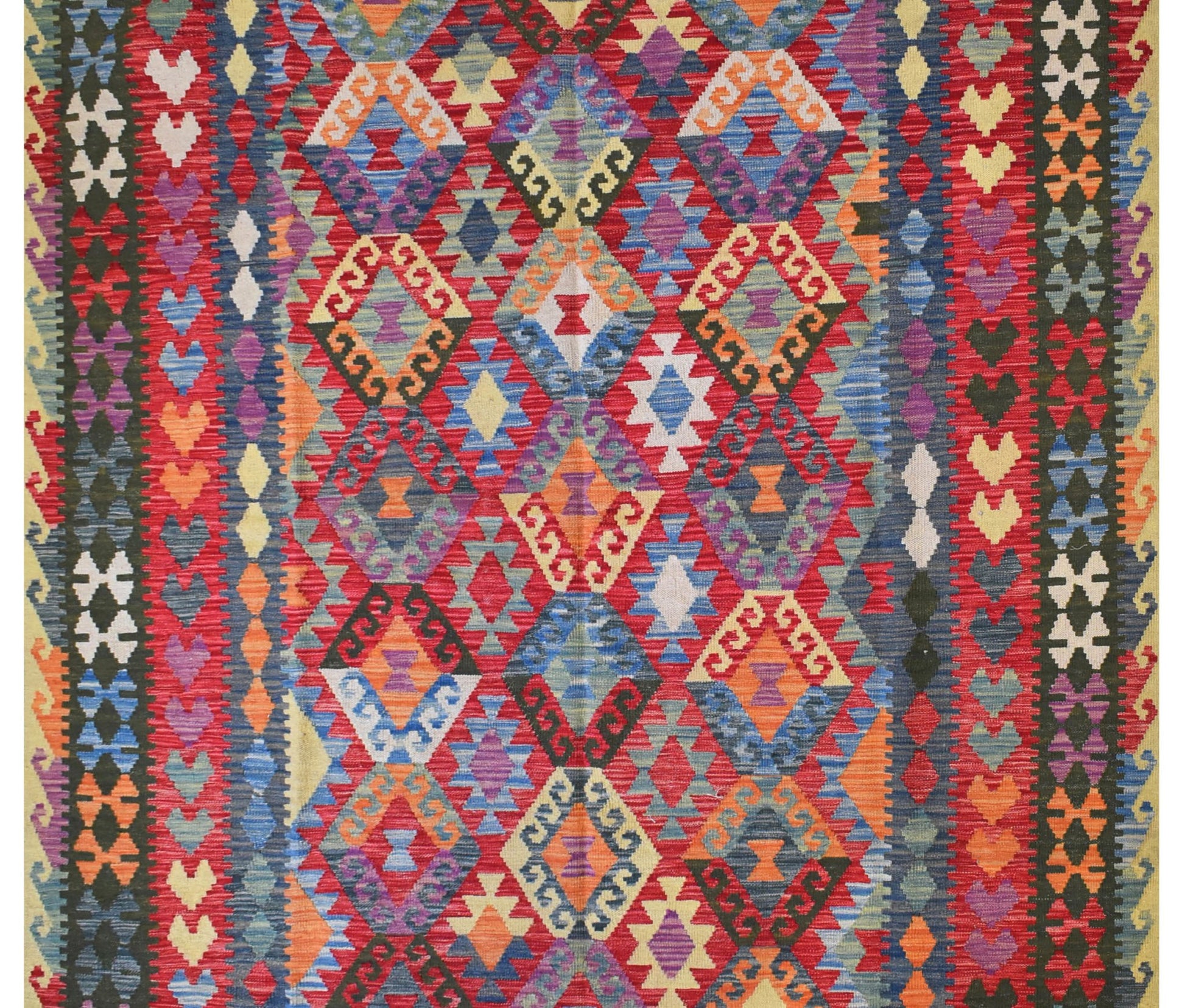 Handmade Afghan Maimana kilim rug featuring a vibrant geometric pattern in rich, multicolored hues.