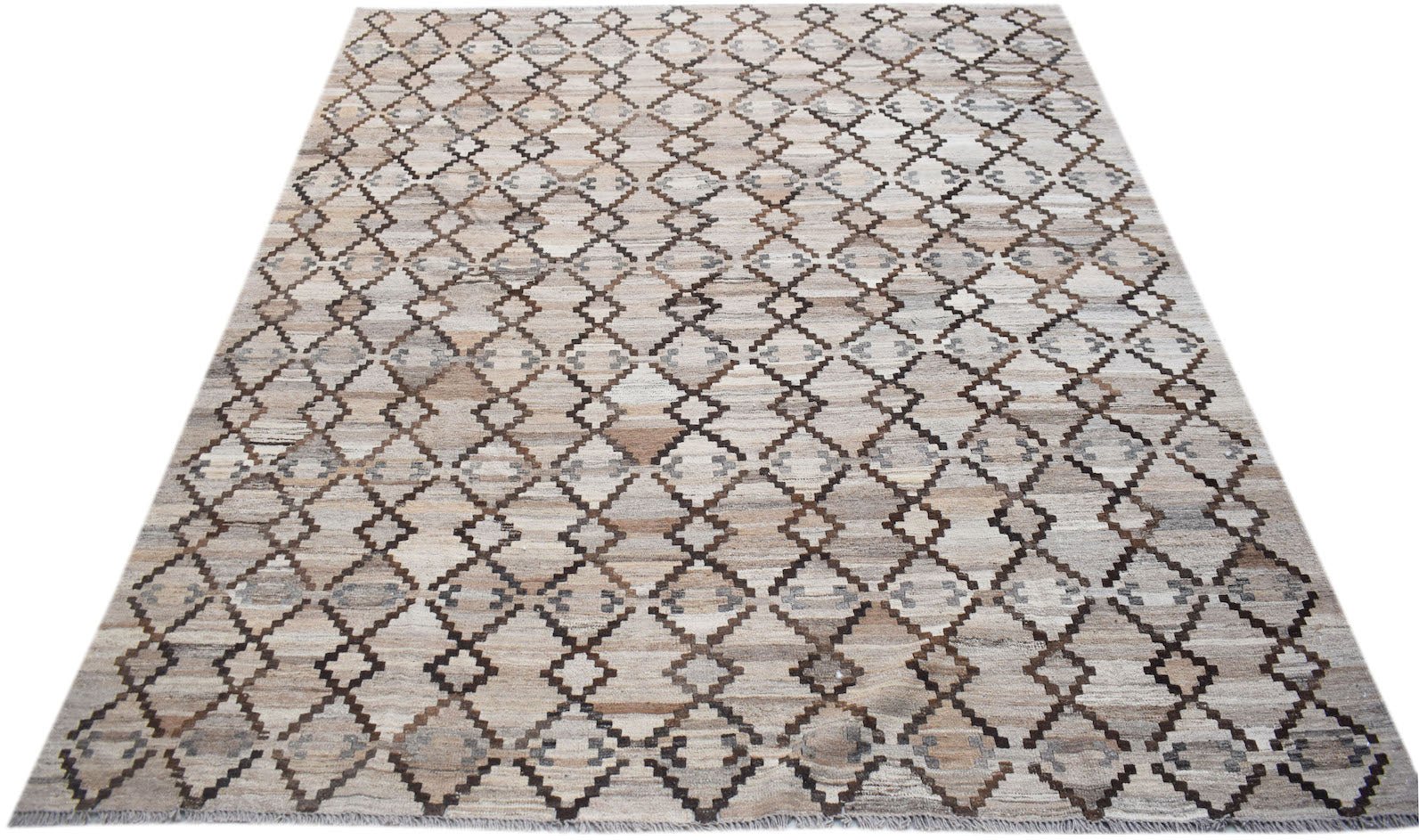 Handwoven Afghan Maimana kilim rug featuring a repeating geometric diamond pattern in neutral tones.